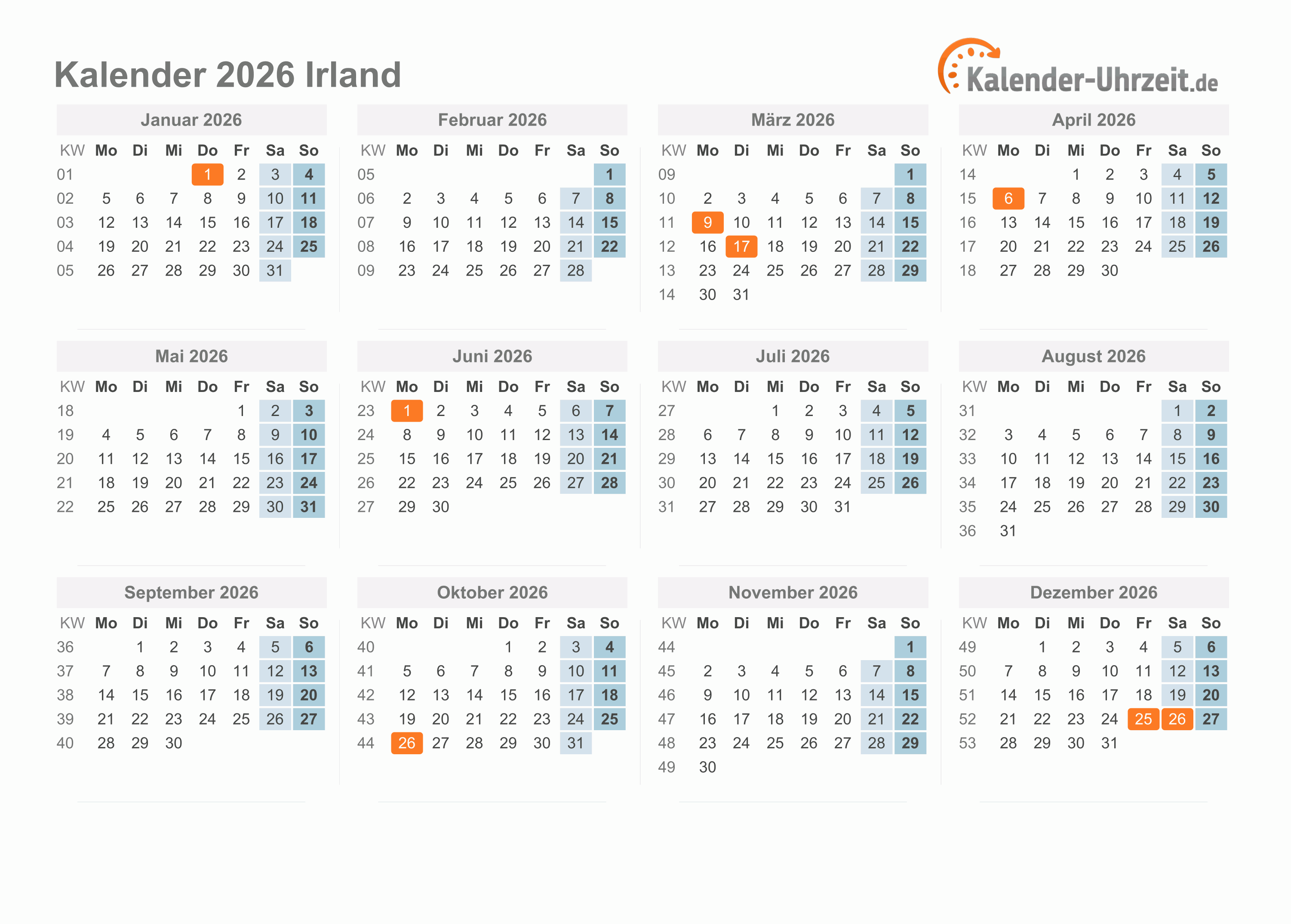 Kalender 2026 Irland mit Feiertagen zum Ausdrucken Kalender 2026 Irland mit Feiertagen