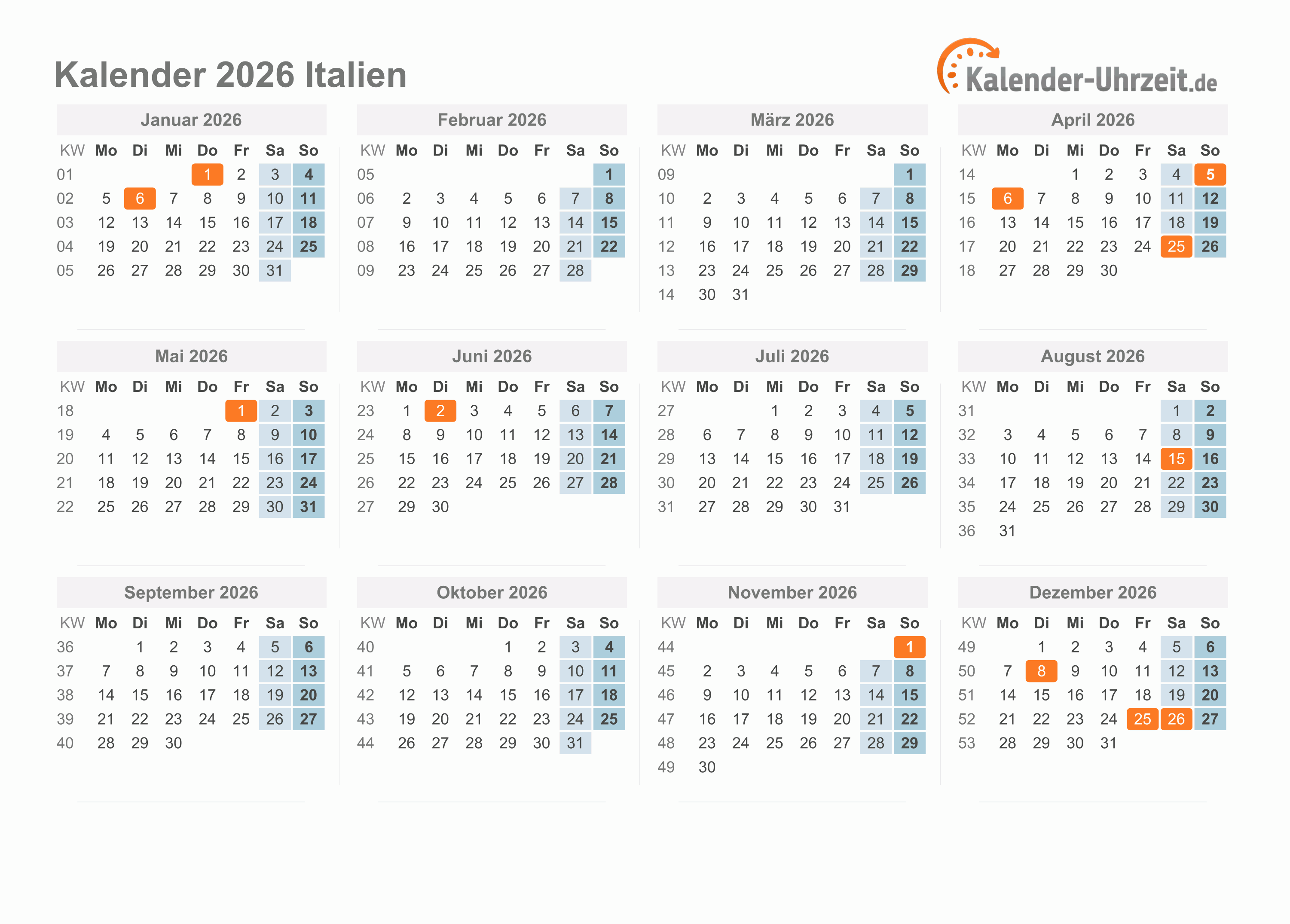 Kalender 2026 Italien mit Feiertagen zum Ausdrucken Kalender 2026 Italien mit Feiertagen