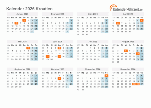 Kalender 2026 Kroatien mit Feiertagen zum Downloaden und Ausdrucken Kalender 2026 Kroatien mit Feiertagen