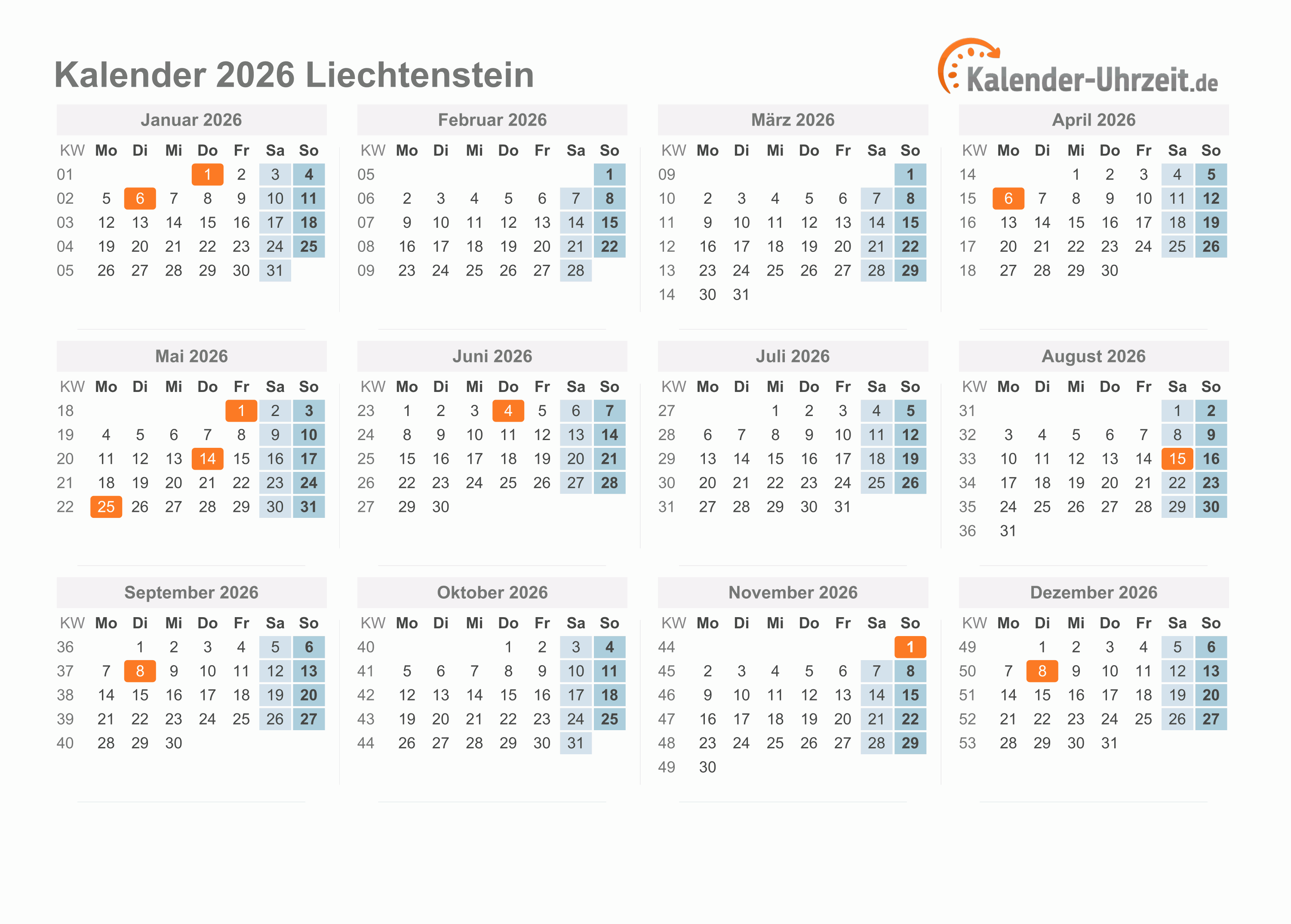 Kalender 2026 Liechtenstein mit Feiertagen zum Ausdrucken Kalender 2026 Liechtenstein mit Feiertagen