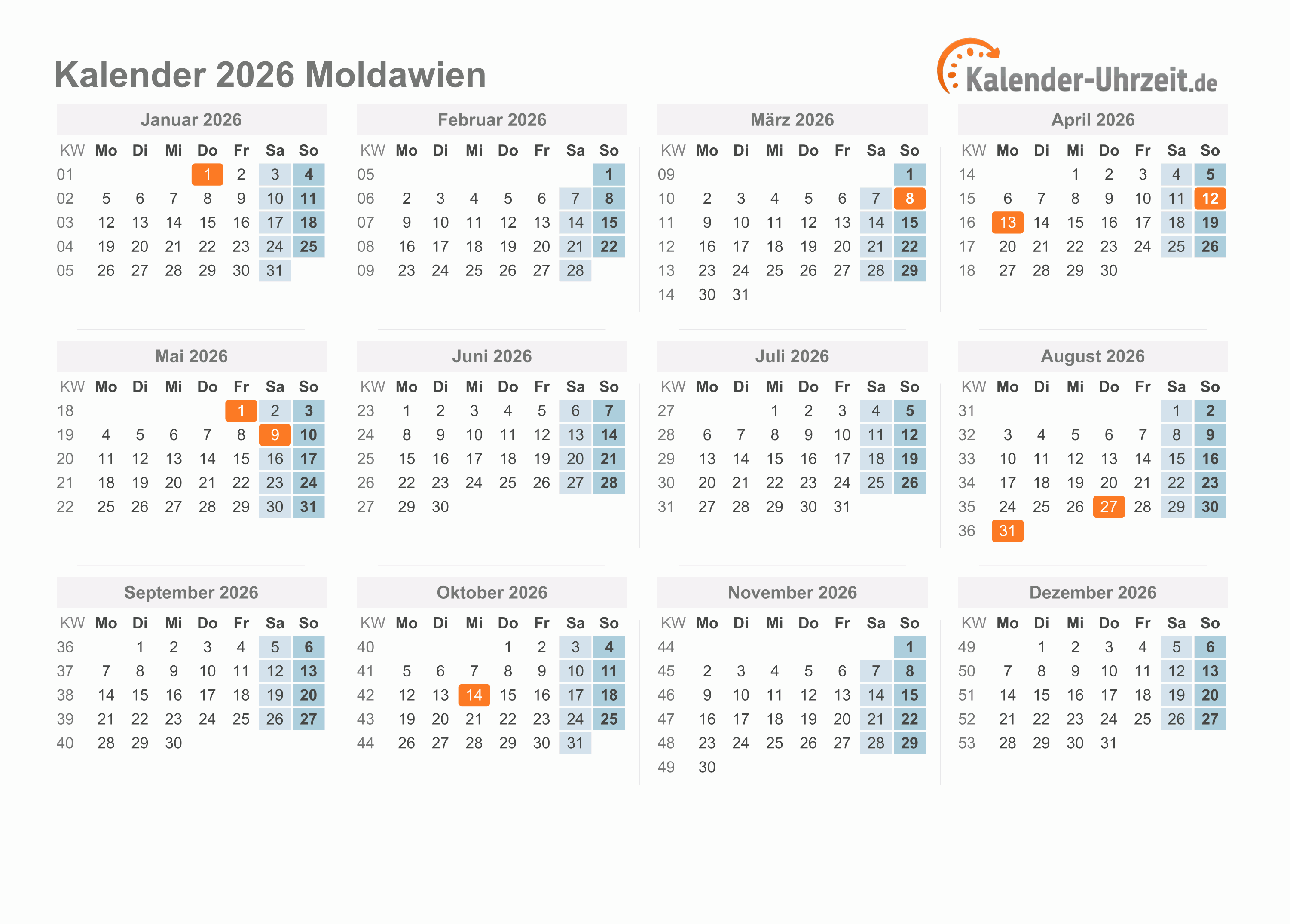 Kalender 2026 Moldawien mit Feiertagen zum Ausdrucken Kalender 2026 Moldawien mit Feiertagen