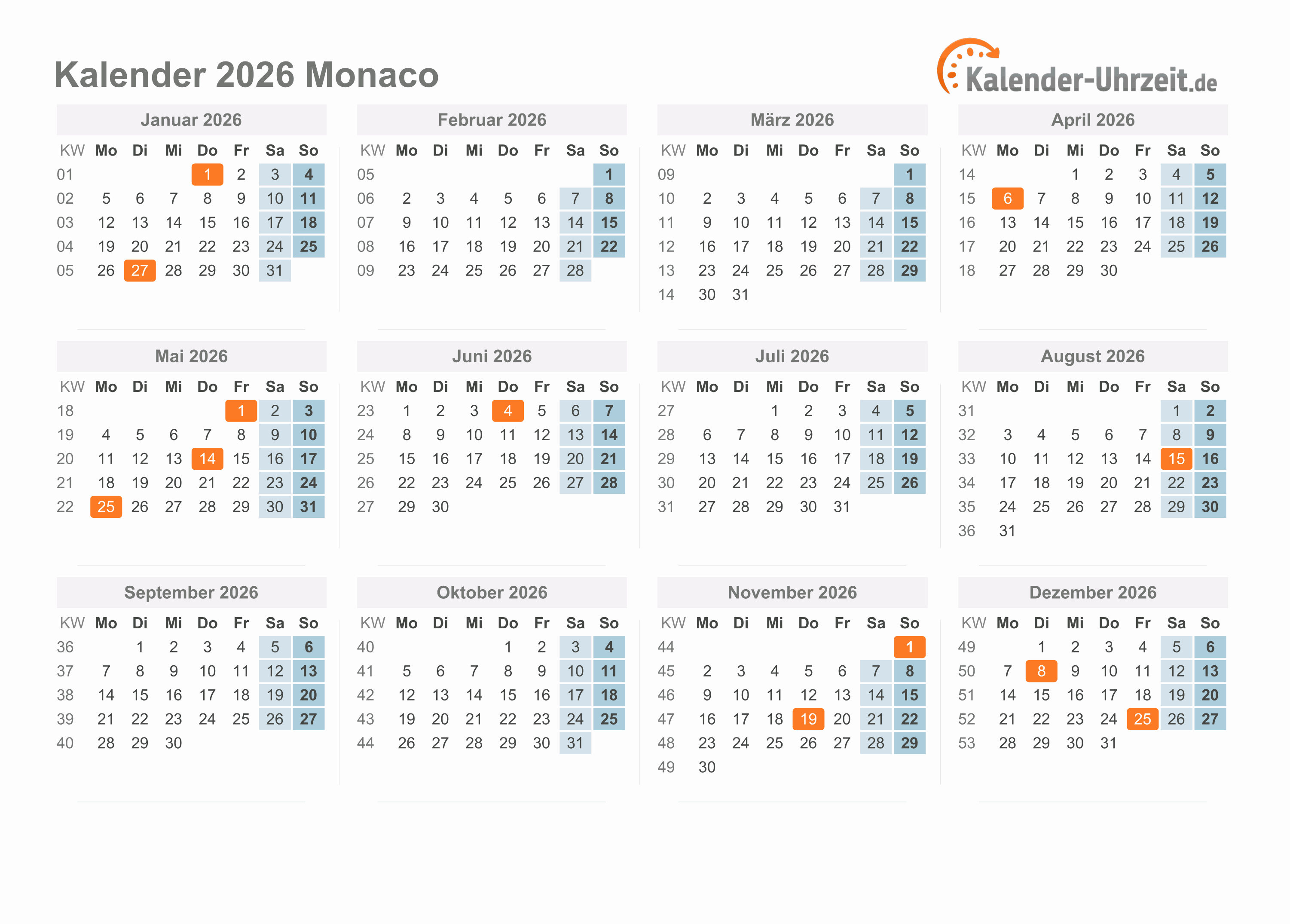 Kalender 2026 Monaco mit Feiertagen zum Ausdrucken Kalender 2026 Monaco mit Feiertagen
