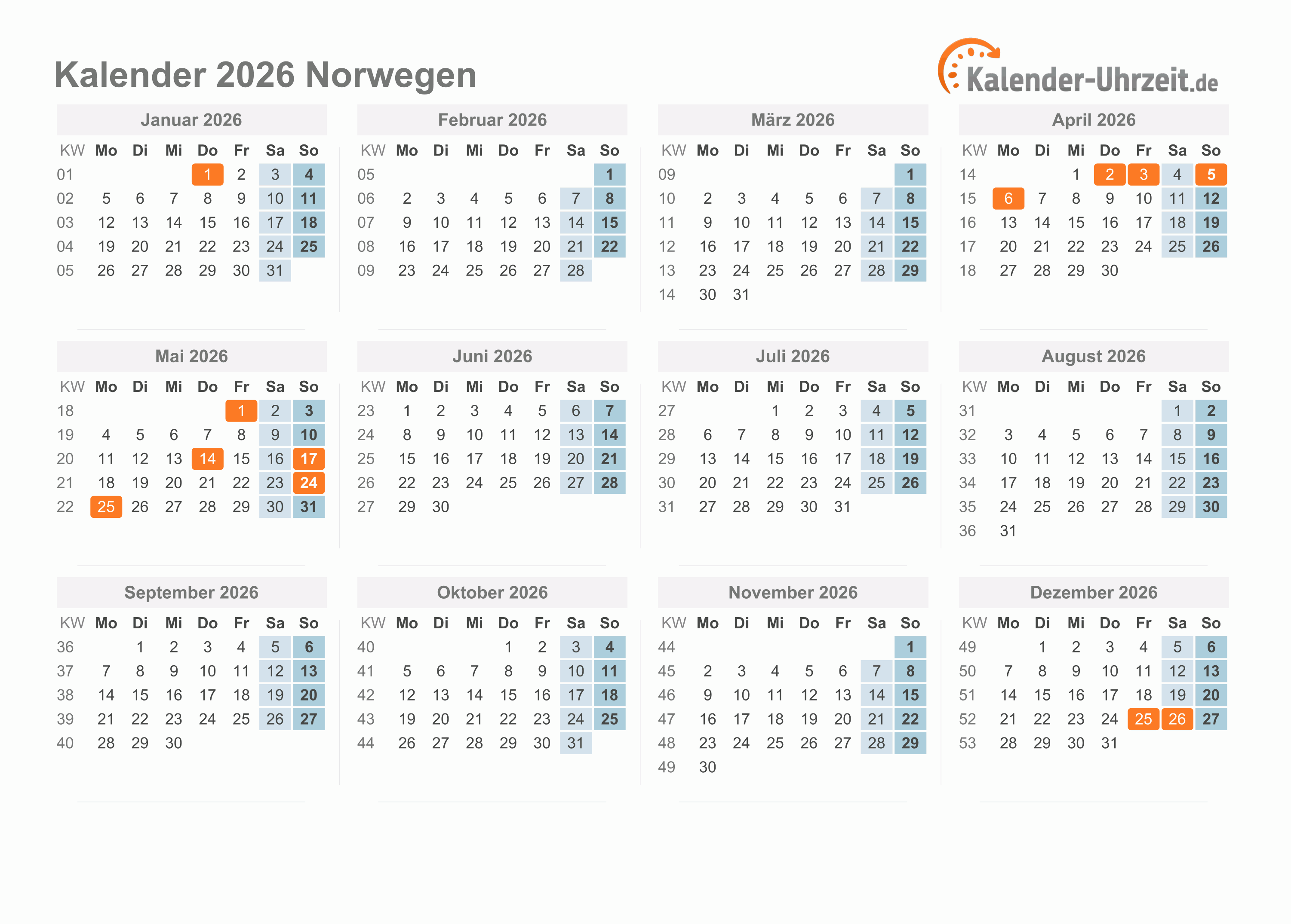 Kalender 2026 Norwegen mit Feiertagen zum Ausdrucken Kalender 2026 Norwegen mit Feiertagen