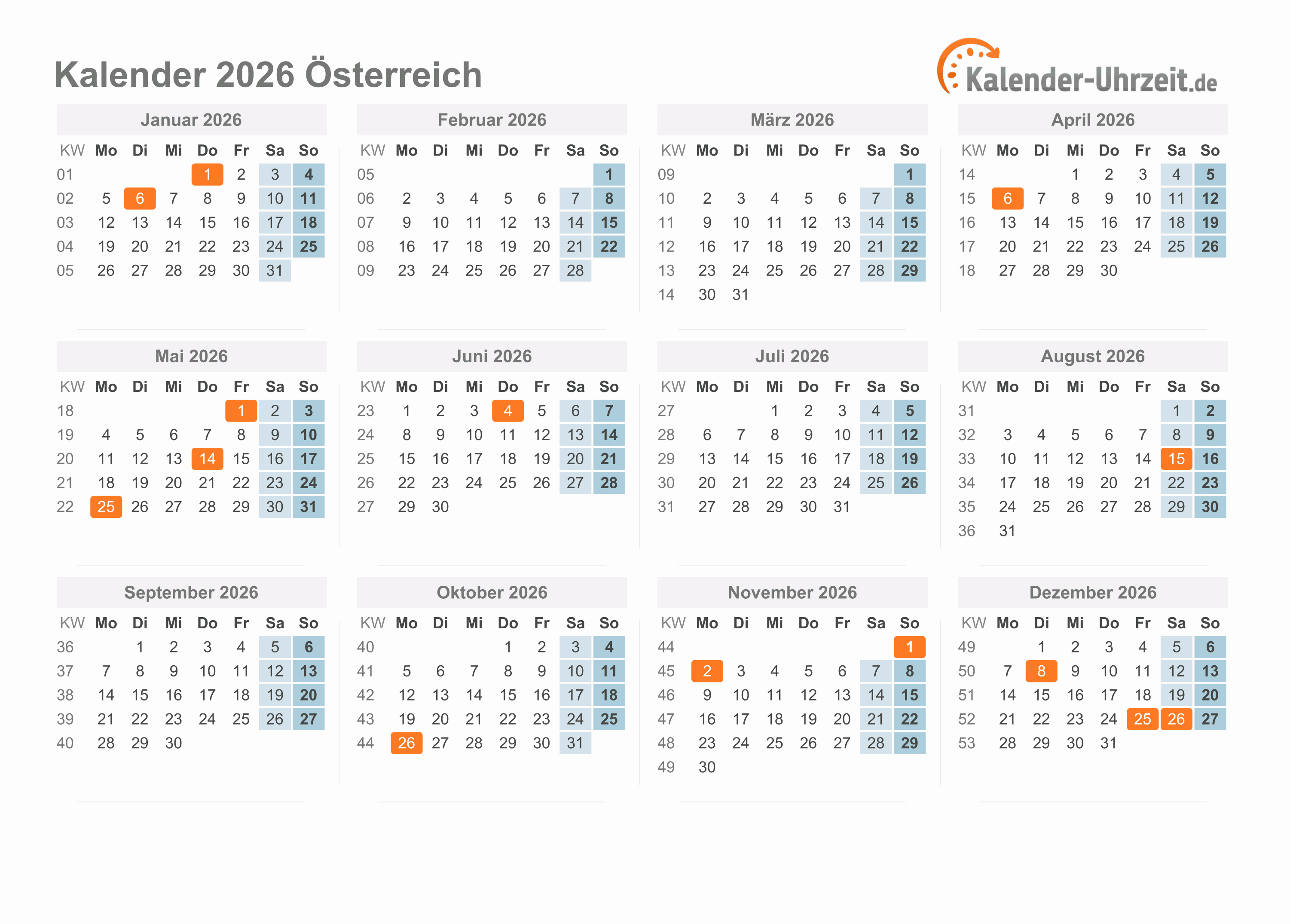 Kalender 2026 Österreich mit Feiertagen zum Ausdrucken Kalender 2026 Österreich mit Feiertagen