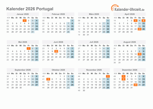 Kalender 2026 Portugal mit Feiertagen zum Downloaden und Ausdrucken Kalender 2026 Portugal mit Feiertagen