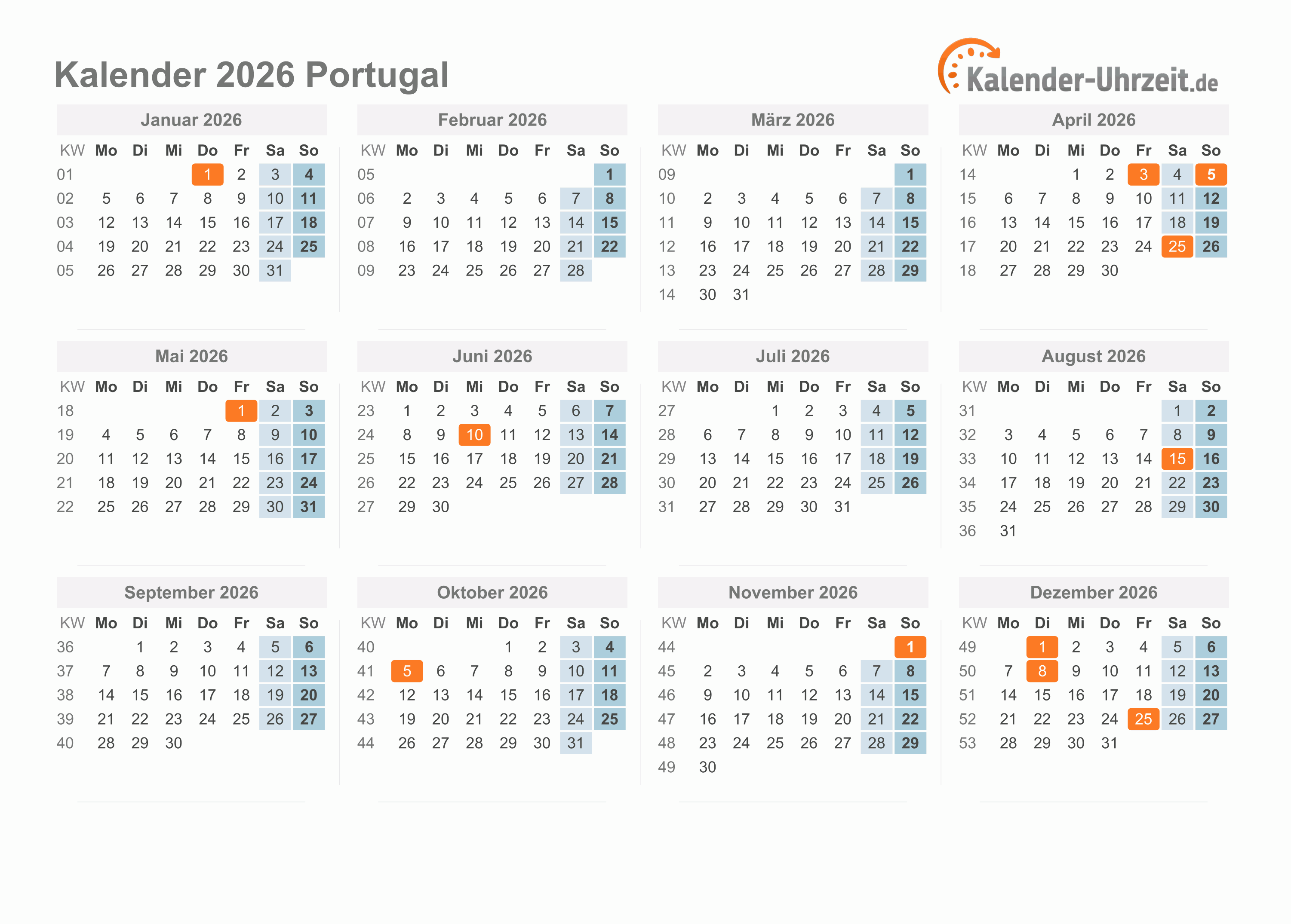 Kalender 2026 Portugal mit Feiertagen zum Ausdrucken Kalender 2026 Portugal mit Feiertagen