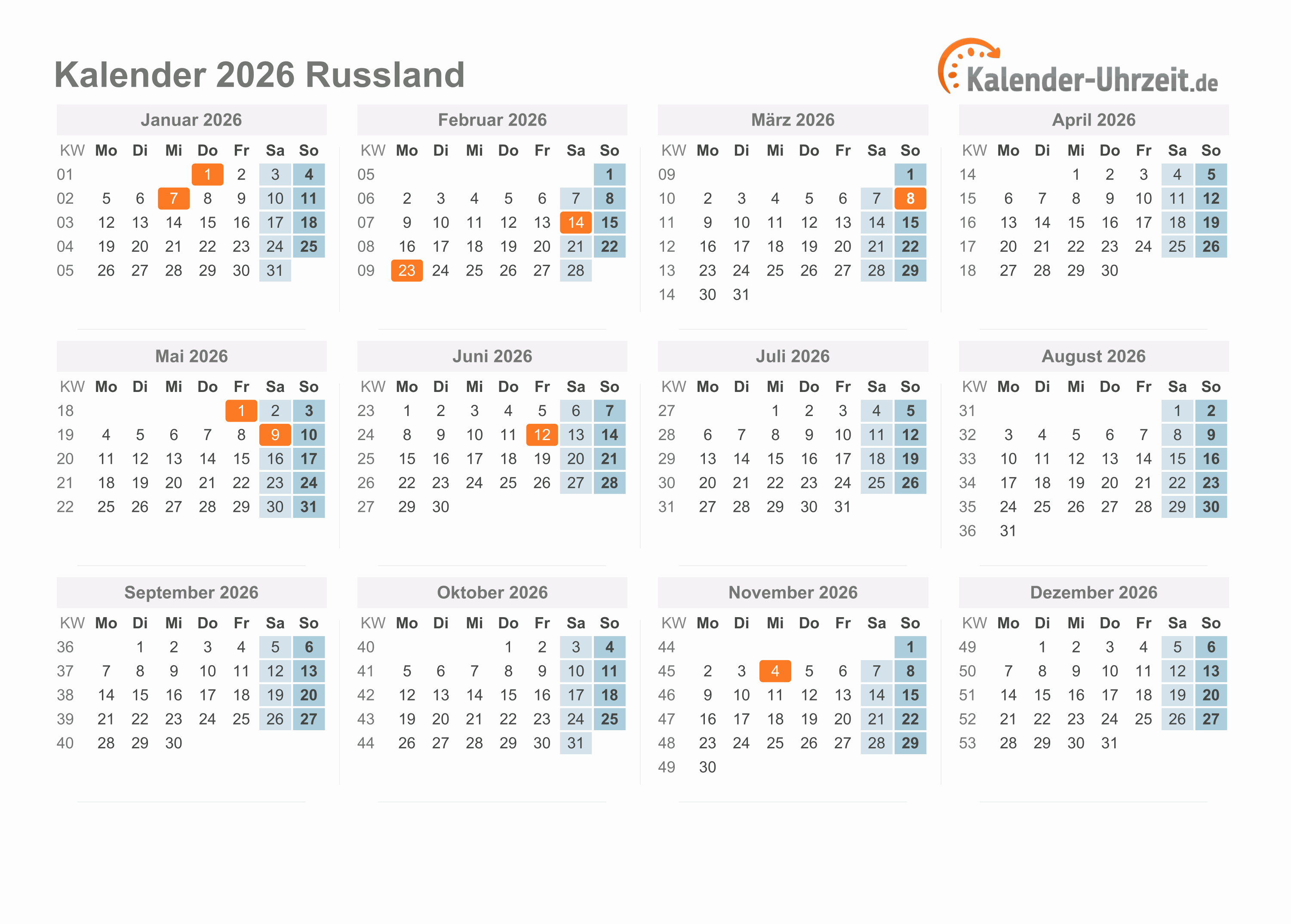 Kalender 2026 Russland mit Feiertagen zum Ausdrucken Kalender 2026 Russland mit Feiertagen