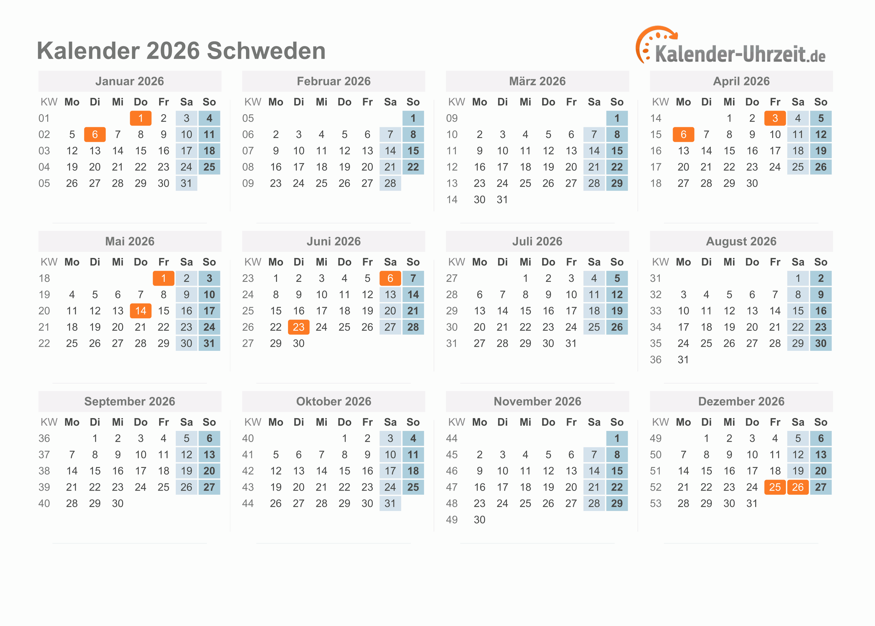 Kalender 2026 Schweden mit Feiertagen zum Ausdrucken Kalender 2026 Schweden mit Feiertagen