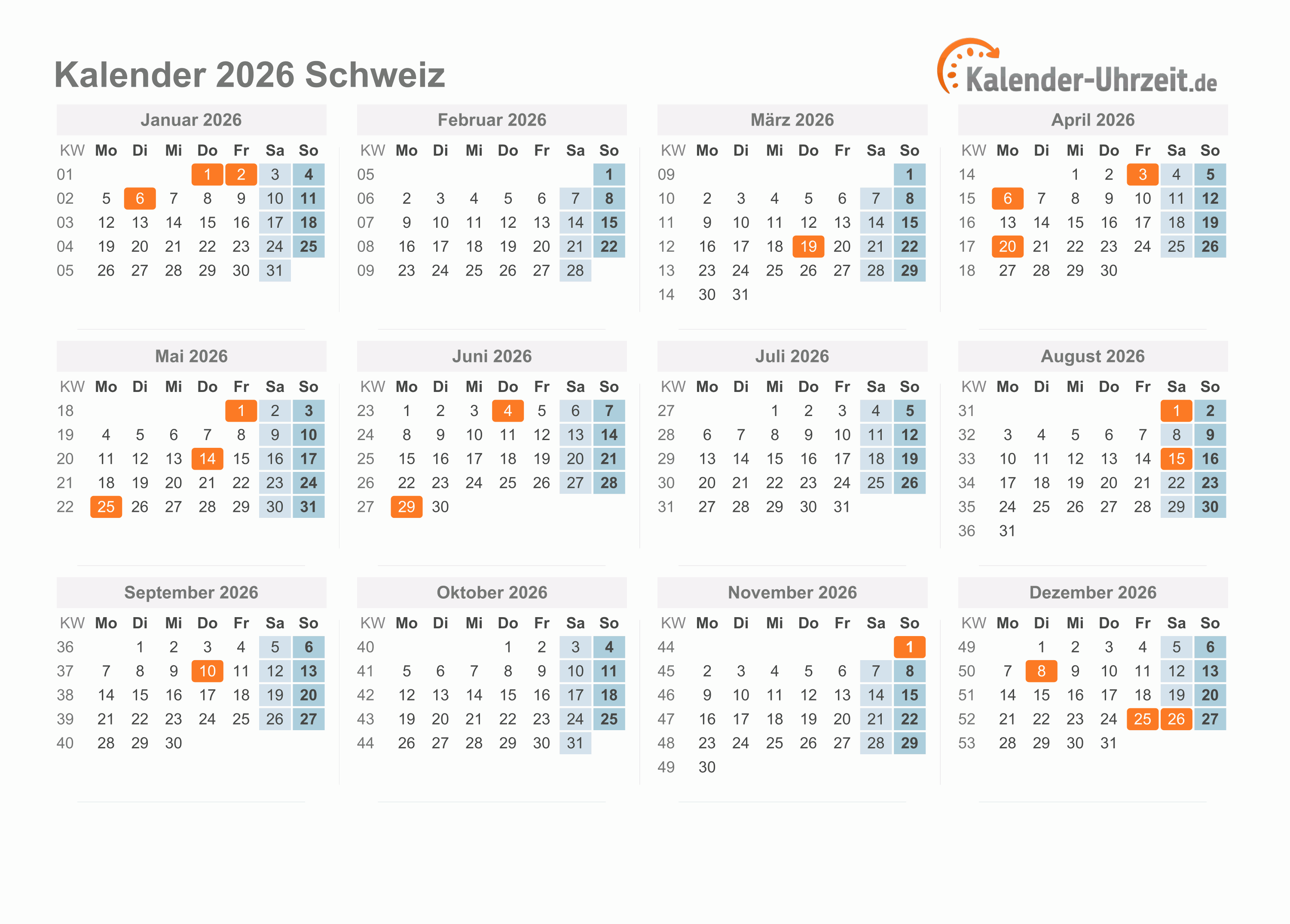 Kalender 2026 Schweiz mit Feiertagen zum Ausdrucken Kalender 2026 Schweiz mit Feiertagen