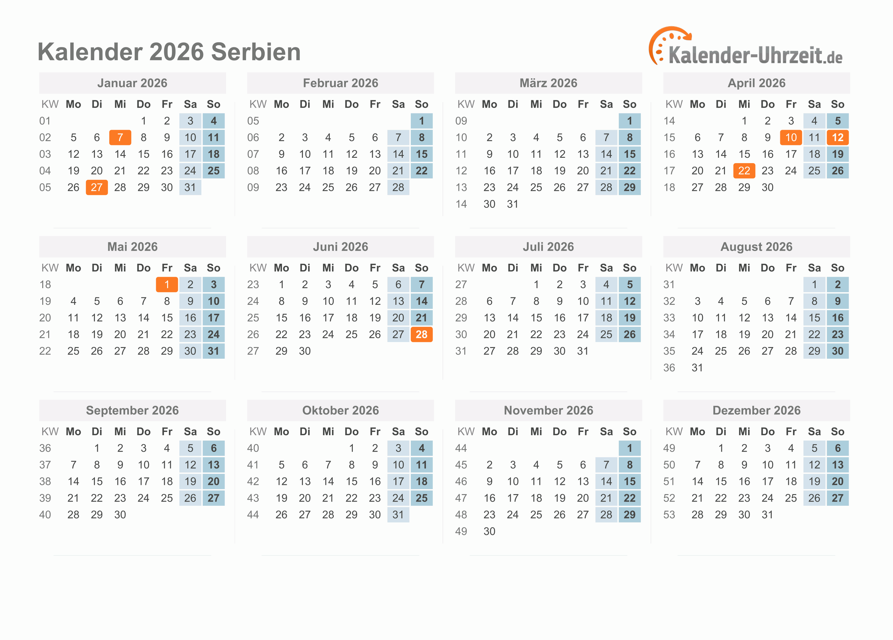 Kalender 2026 Serbien mit Feiertagen zum Ausdrucken Kalender 2026 Serbien mit Feiertagen