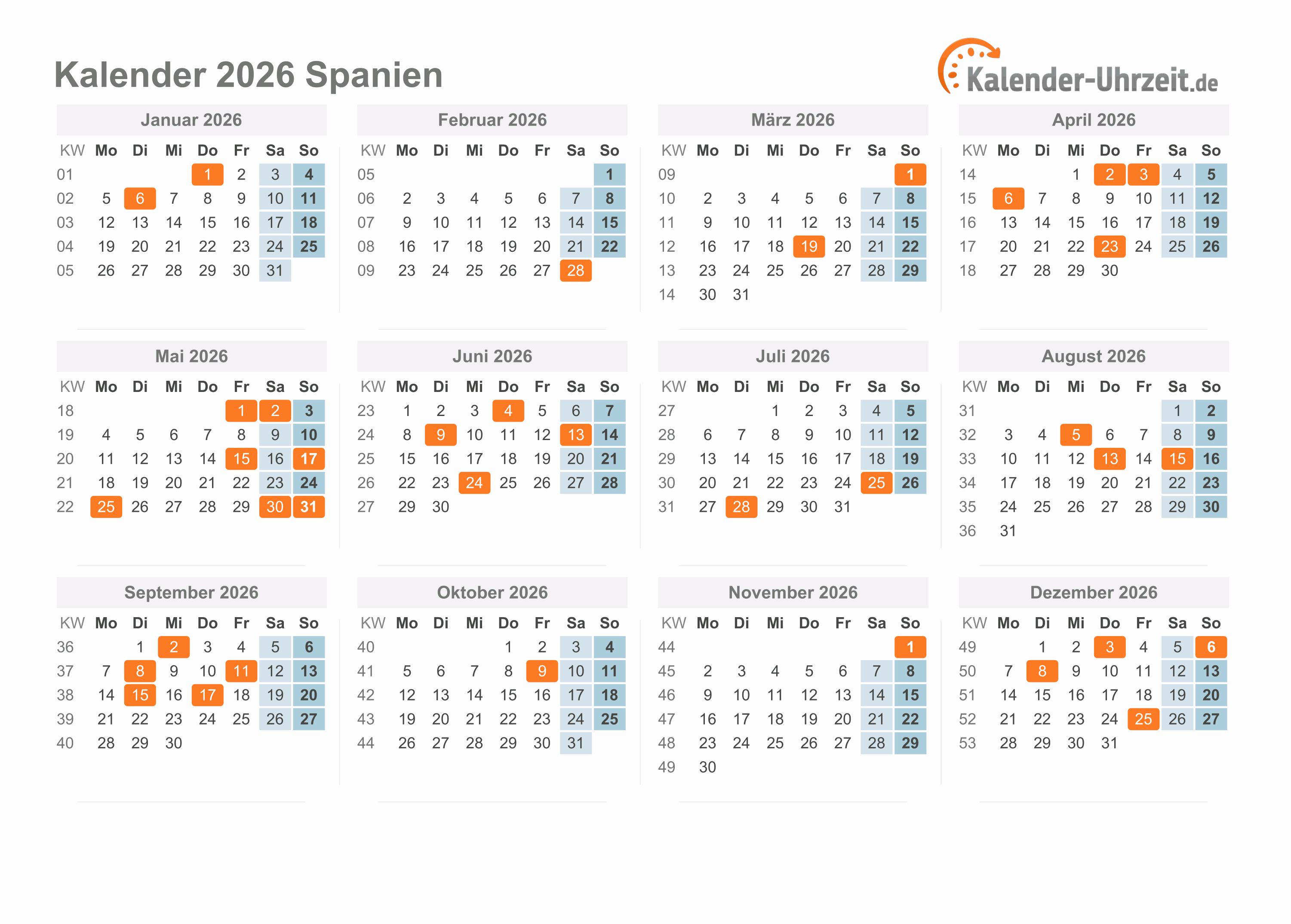 Kalender 2026 Spanien mit Feiertagen zum Ausdrucken Kalender 2026 Spanien mit Feiertagen