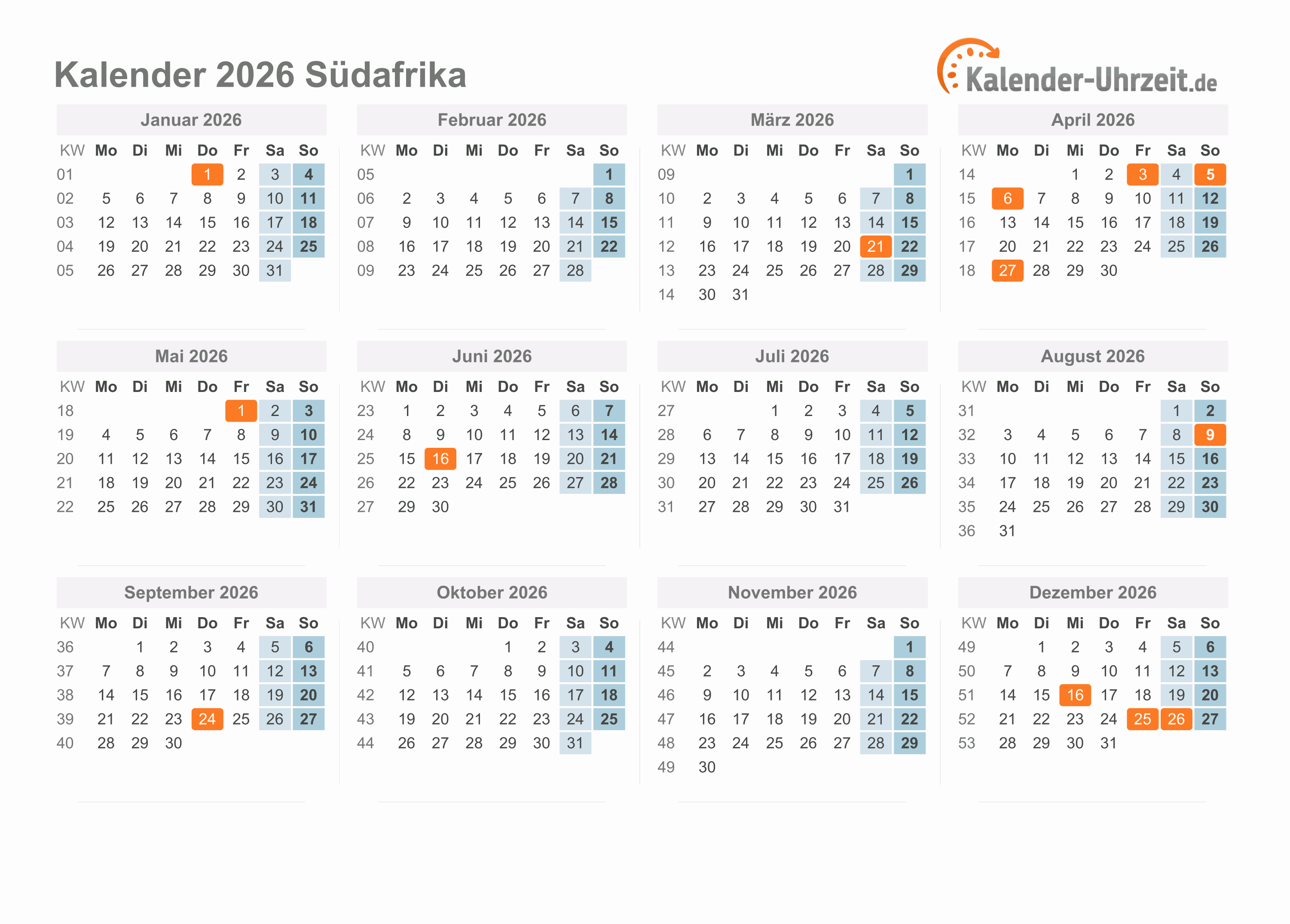Kalender 2026 Südafrika mit Feiertagen zum Ausdrucken Kalender 2026 Südafrika mit Feiertagen