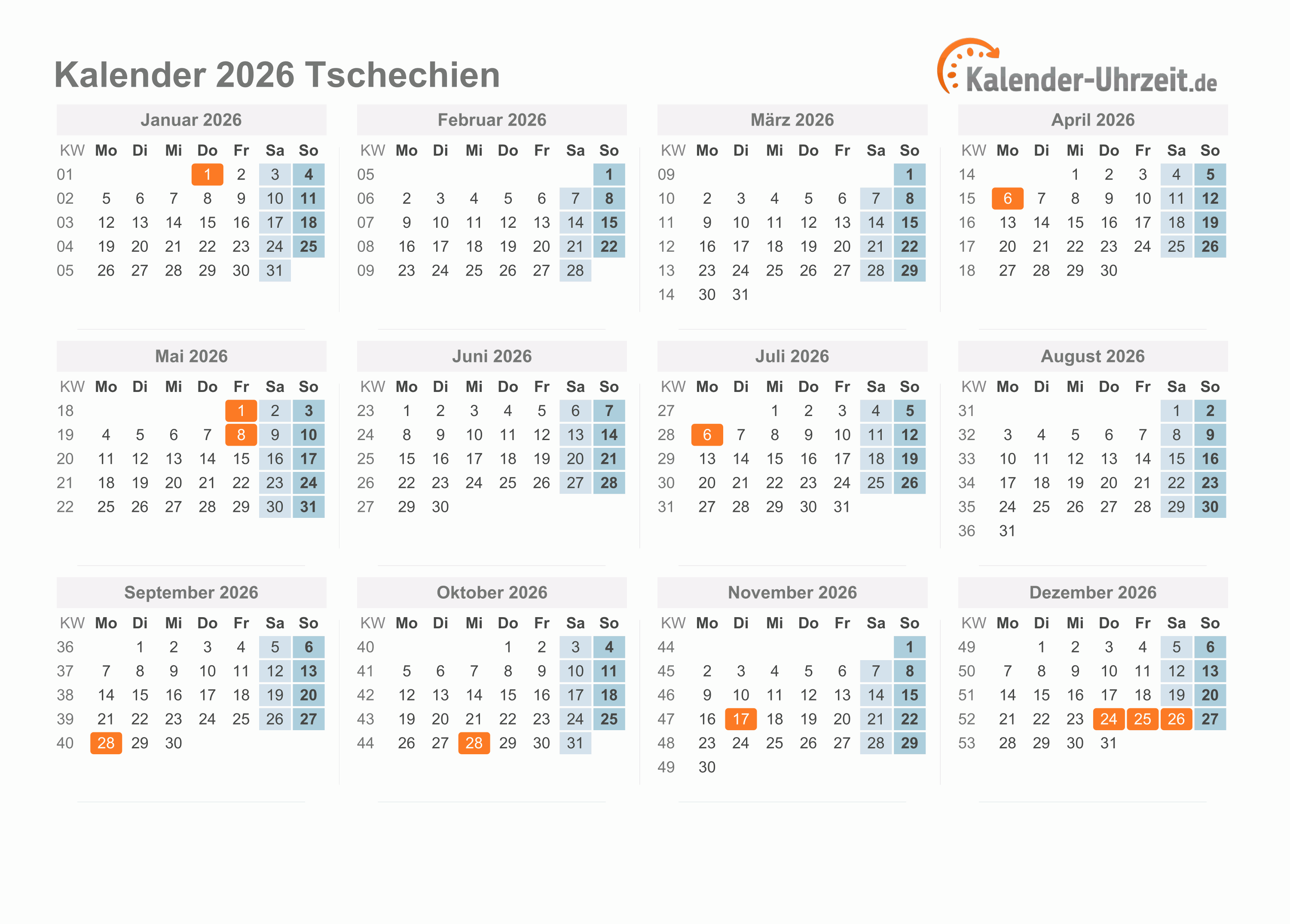 Kalender 2026 Tschechien mit Feiertagen zum Ausdrucken Kalender 2026 Tschechien mit Feiertagen