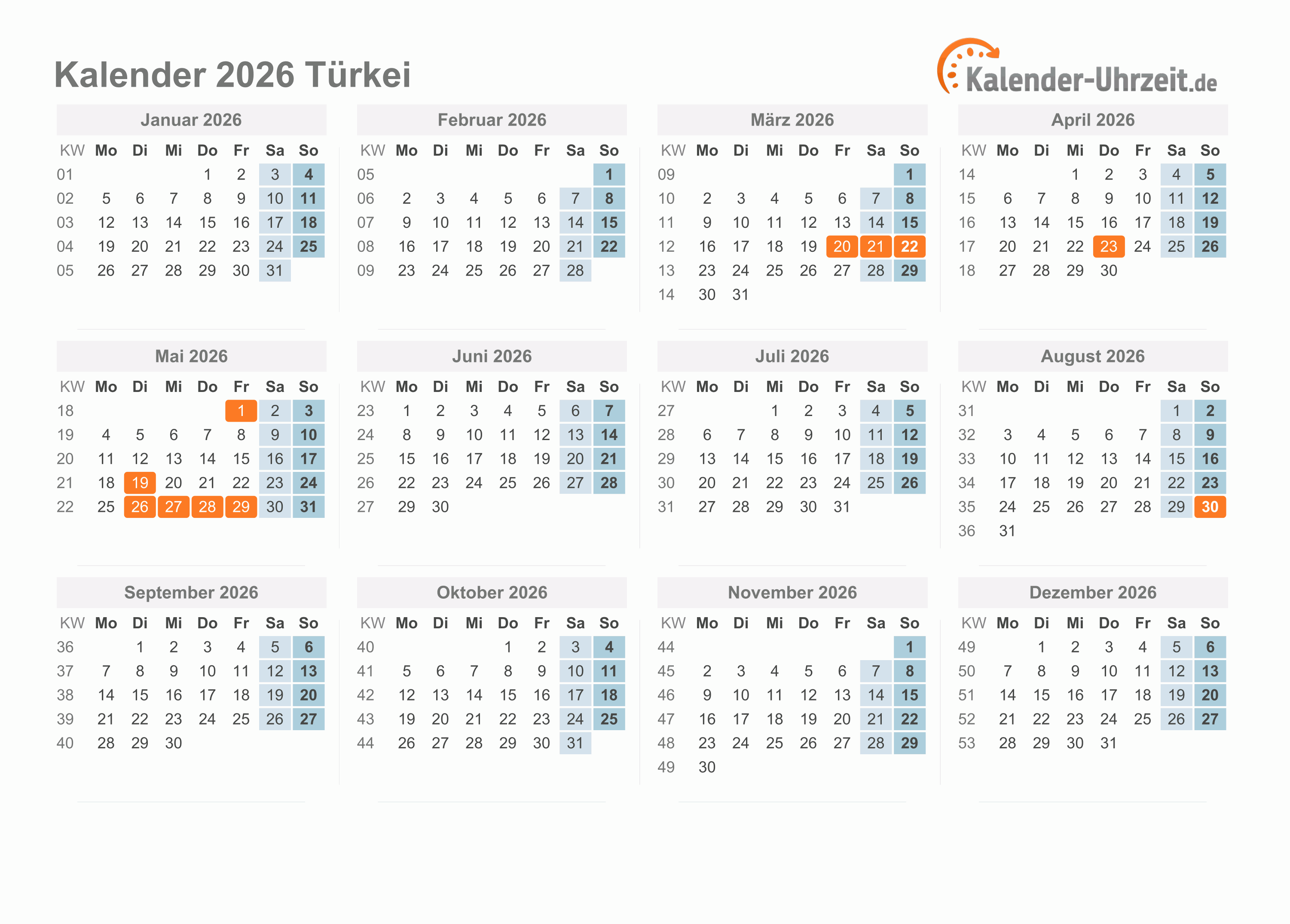 Kalender 2026 Türkei mit Feiertagen zum Ausdrucken Kalender 2026 Türkei mit Feiertagen