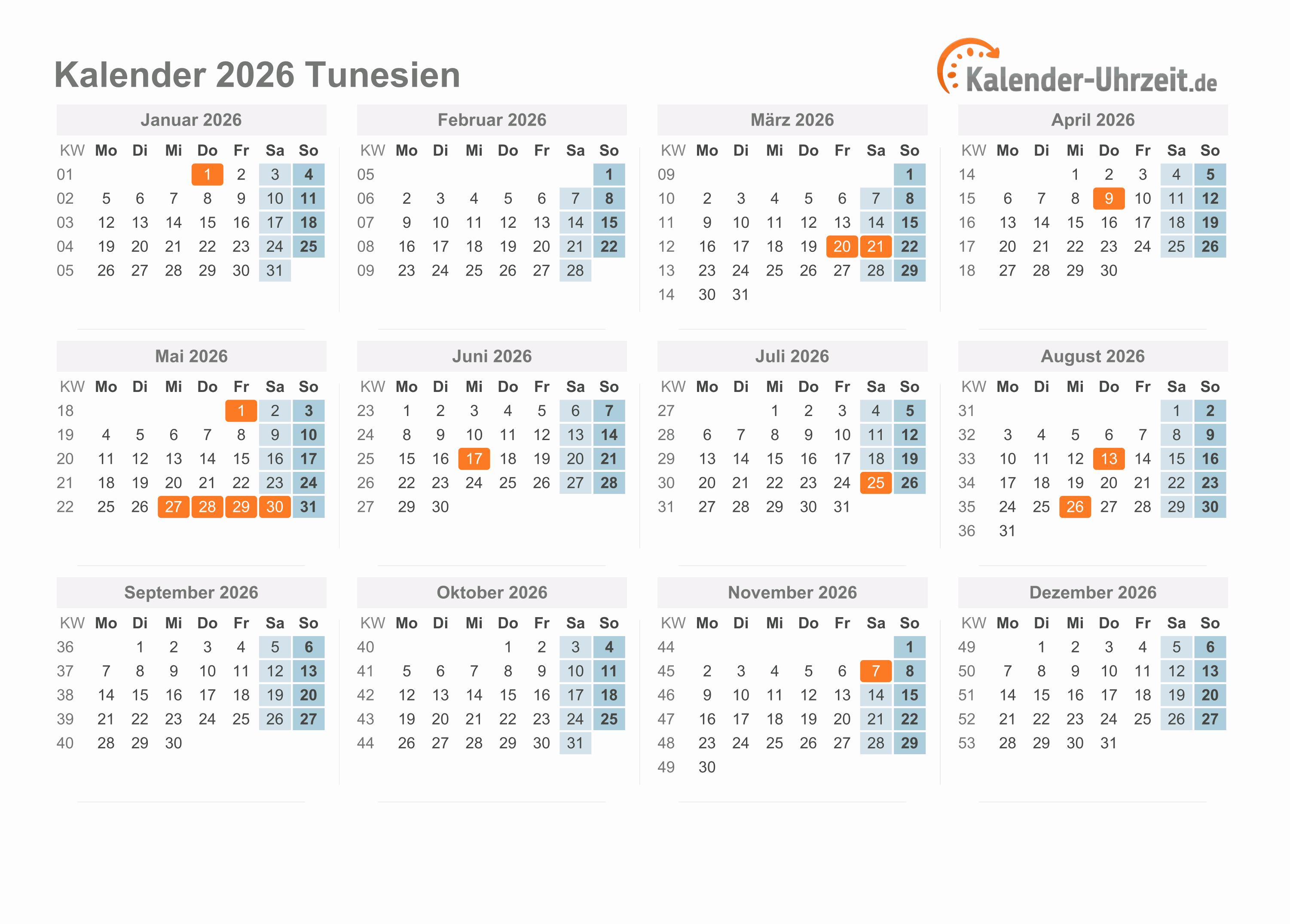 Kalender 2026 Tunesien mit Feiertagen zum Ausdrucken Kalender 2026 Tunesien mit Feiertagen