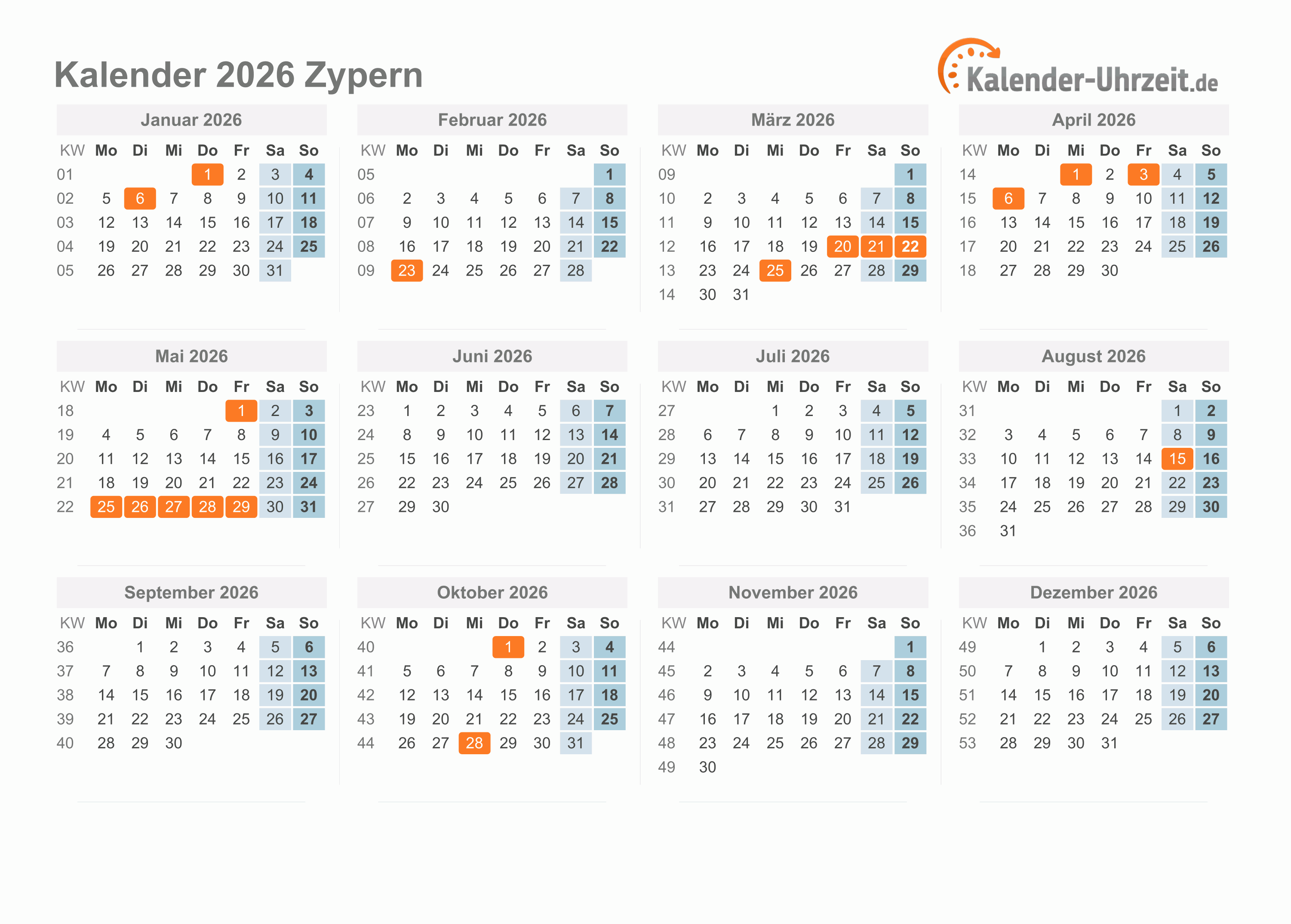 Kalender 2026 Zypern mit Feiertagen zum Ausdrucken Kalender 2026 Zypern mit Feiertagen