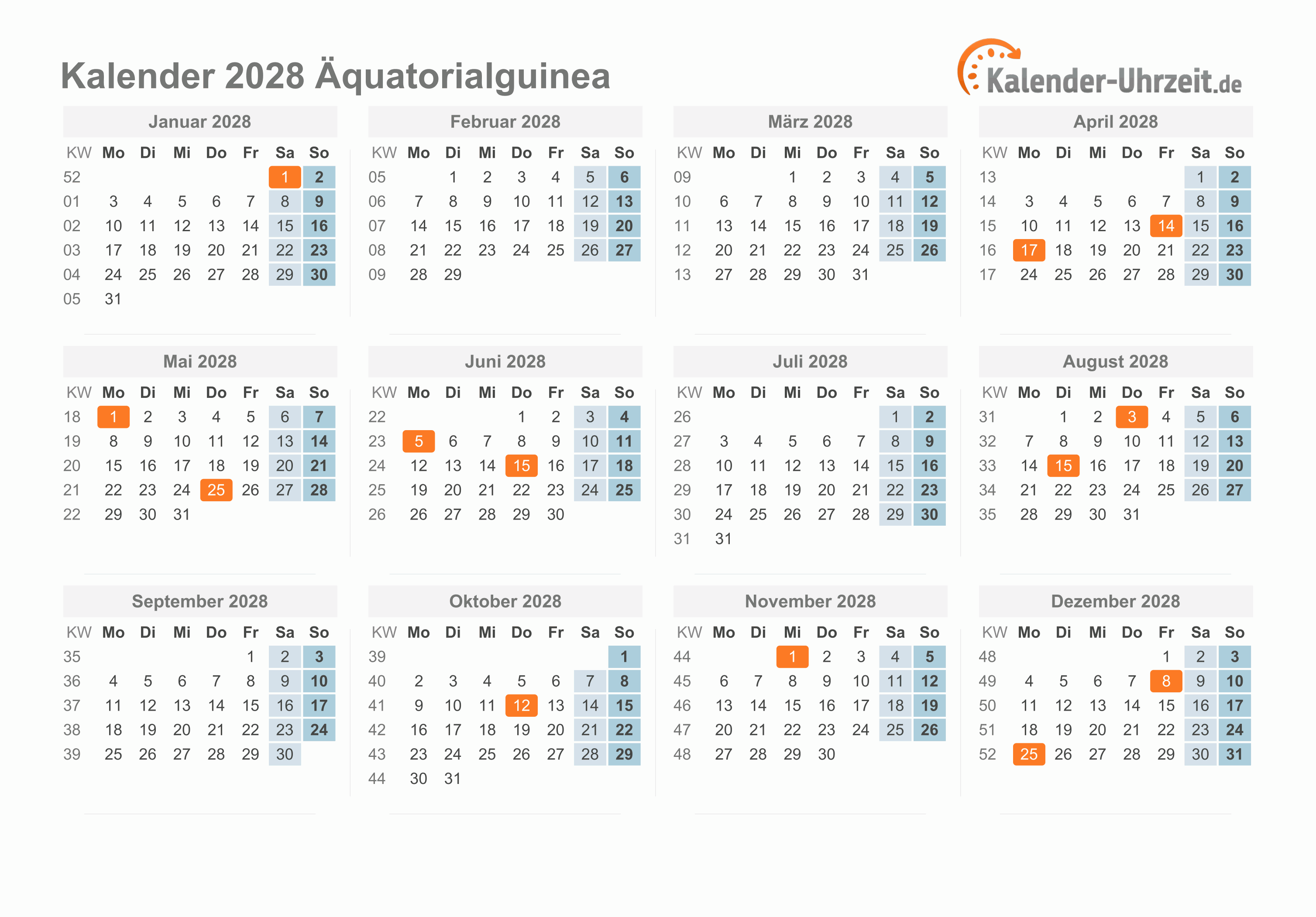 Kalender 2028 Äquatorialguinea mit Feiertagen