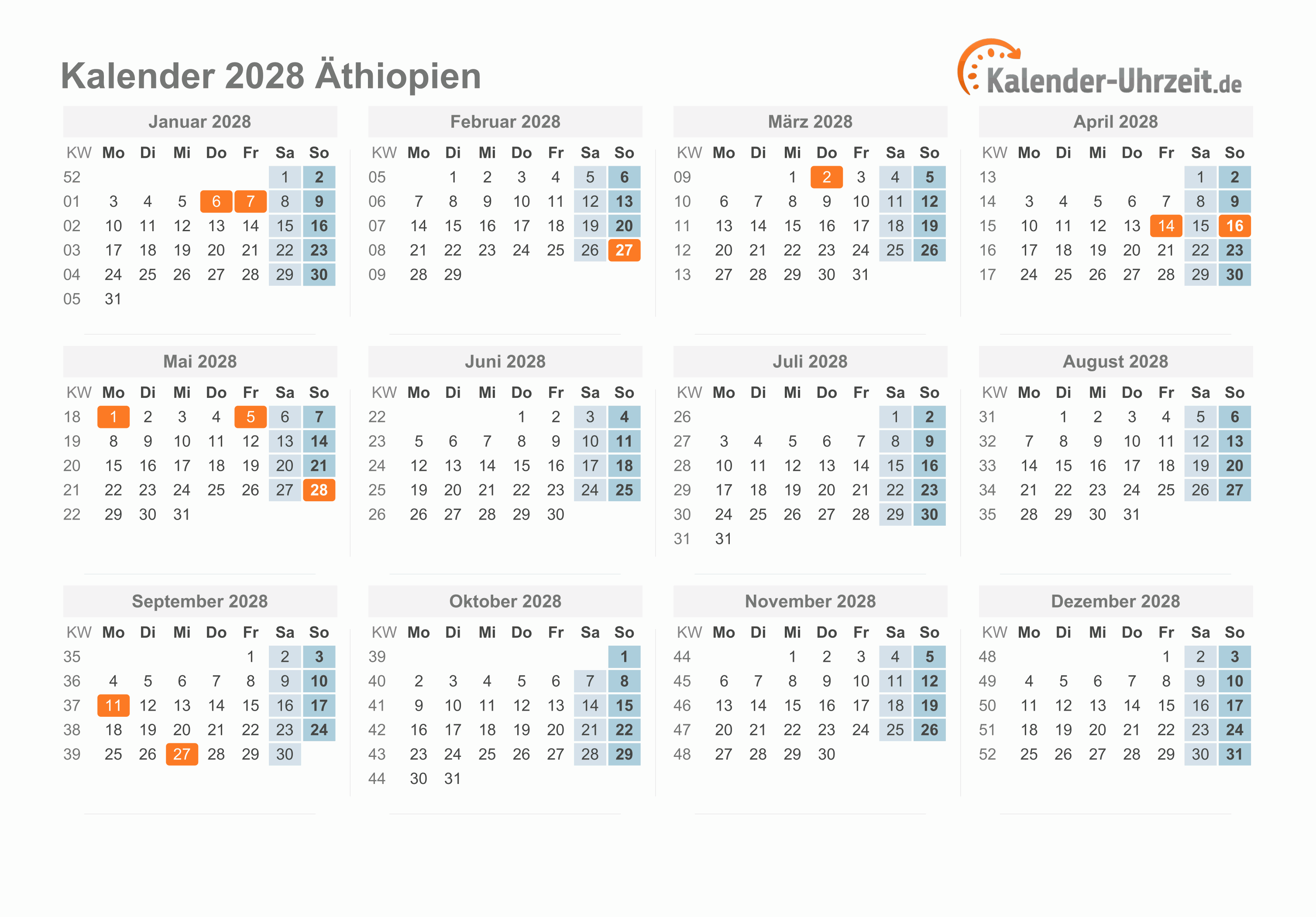 Kalender 2028 Äthiopien mit Feiertagen