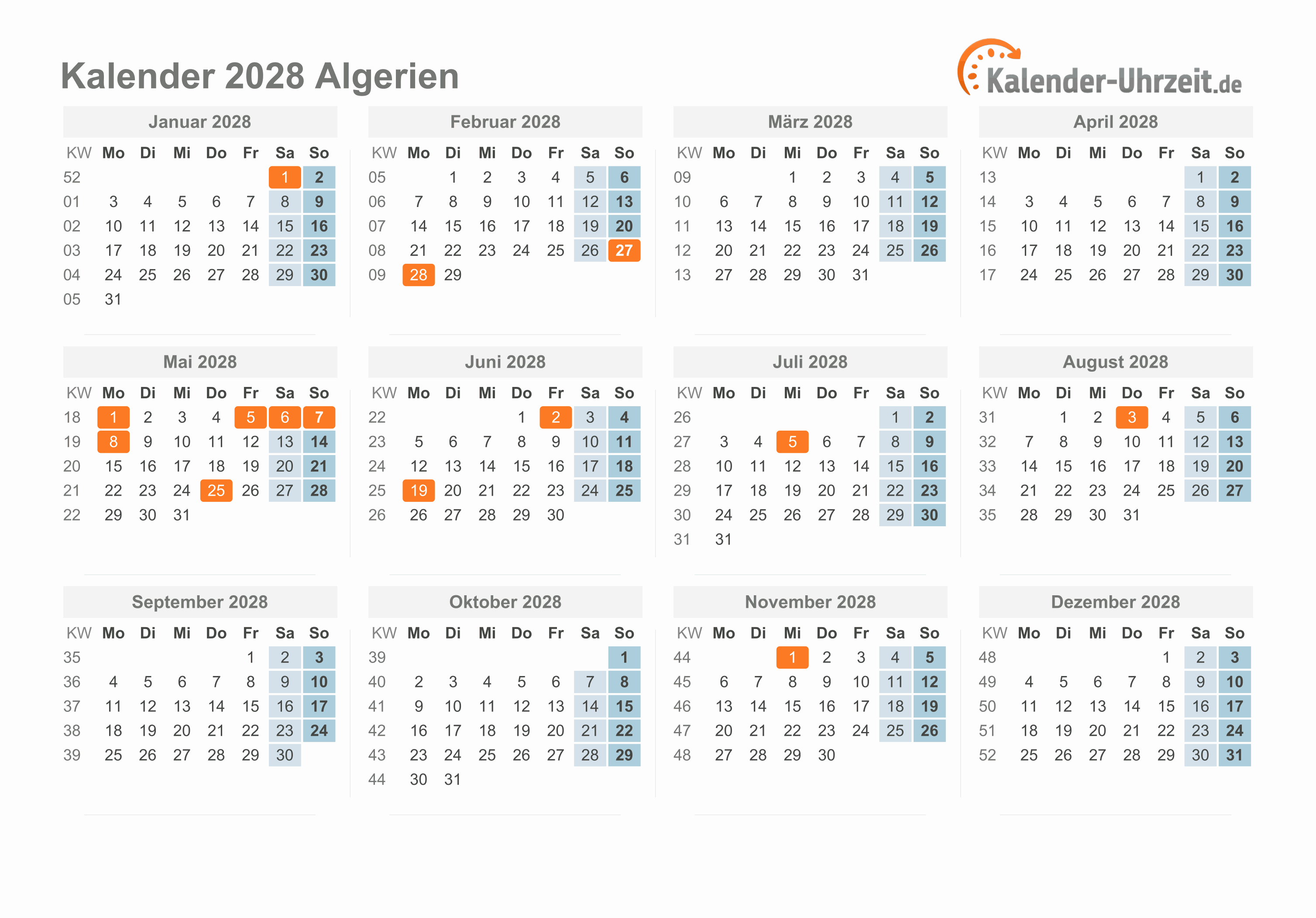 Kalender 2028 Algerien mit Feiertagen