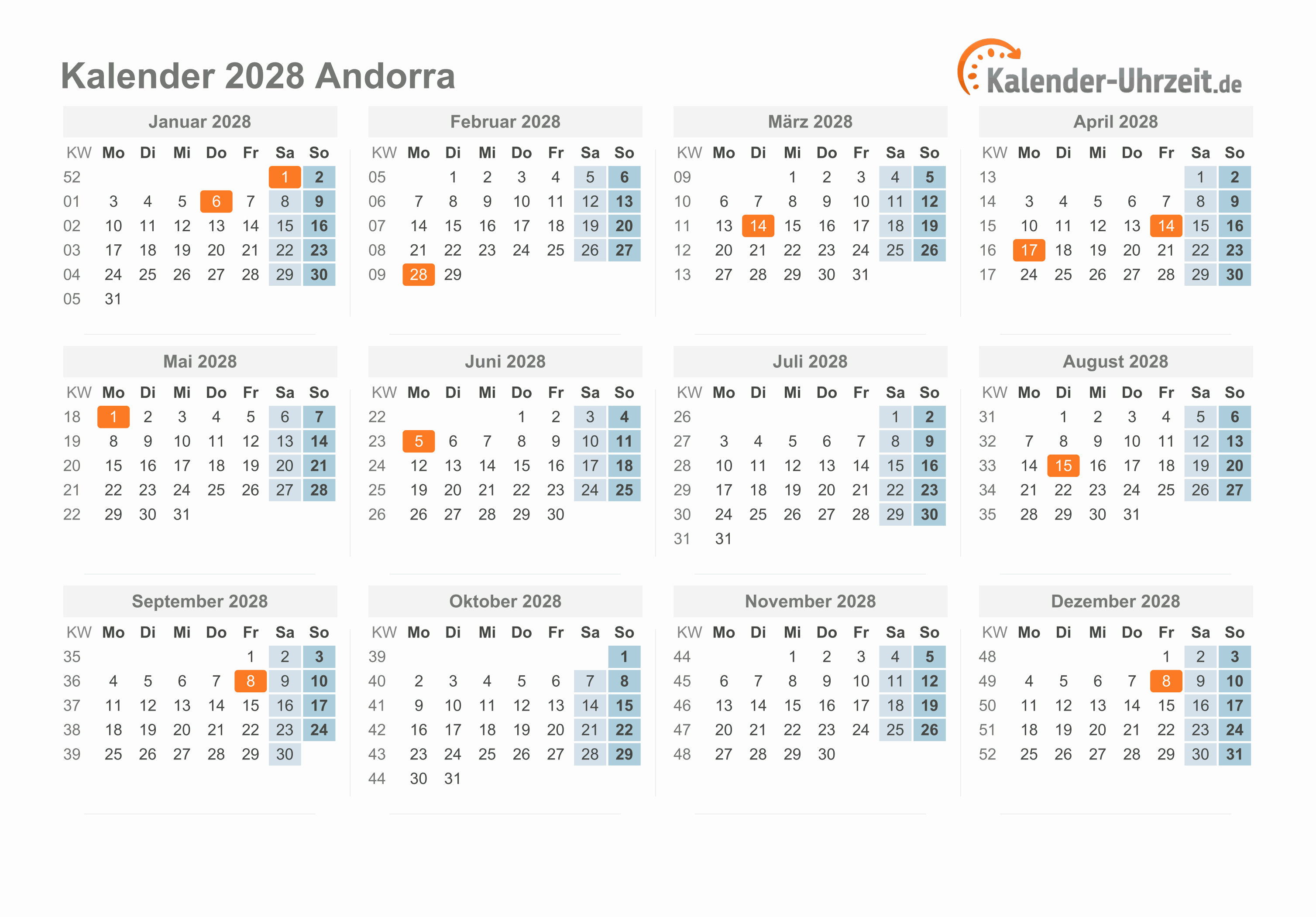 Kalender 2028 Andorra mit Feiertagen