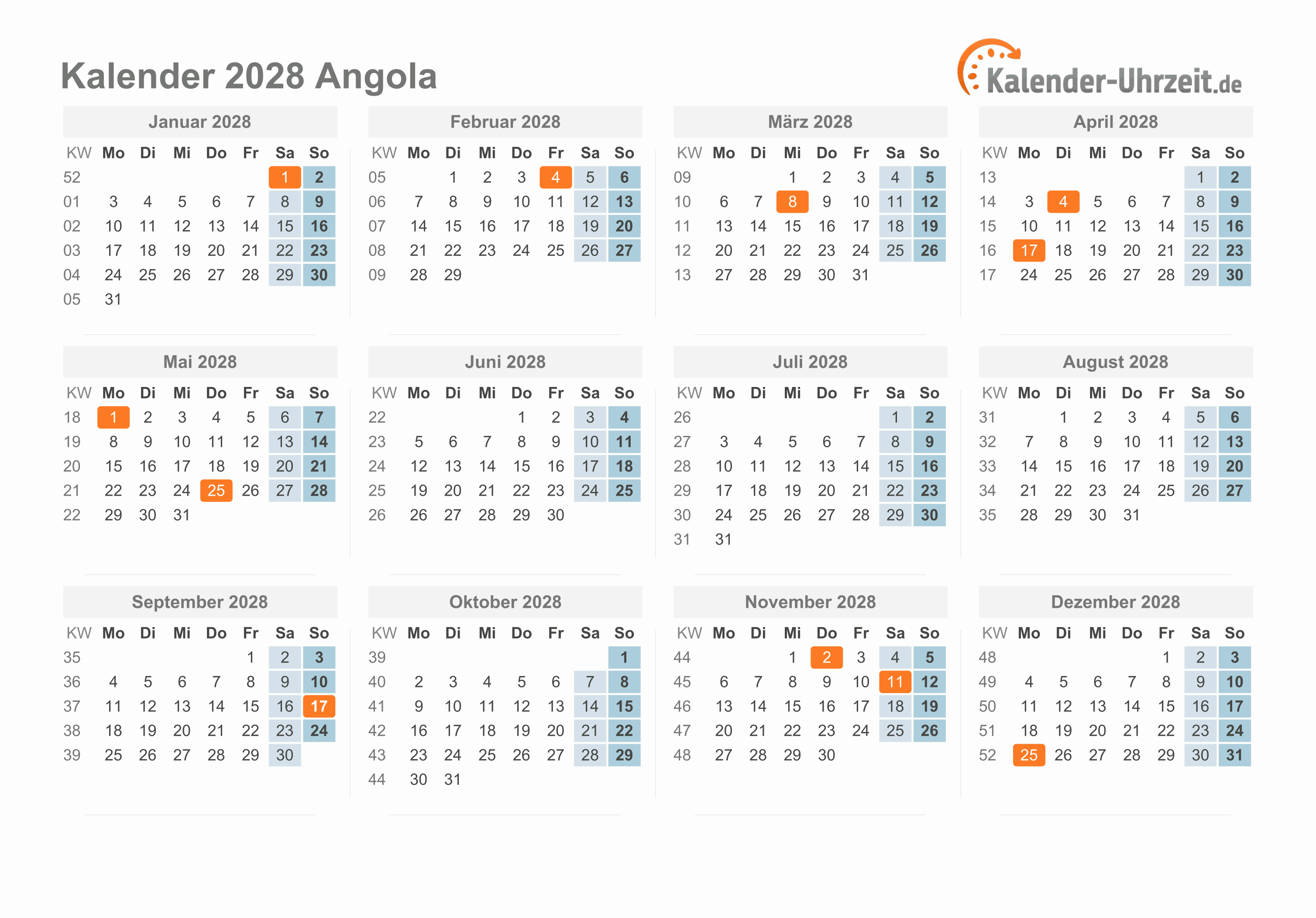 Kalender 2028 Angola mit Feiertagen