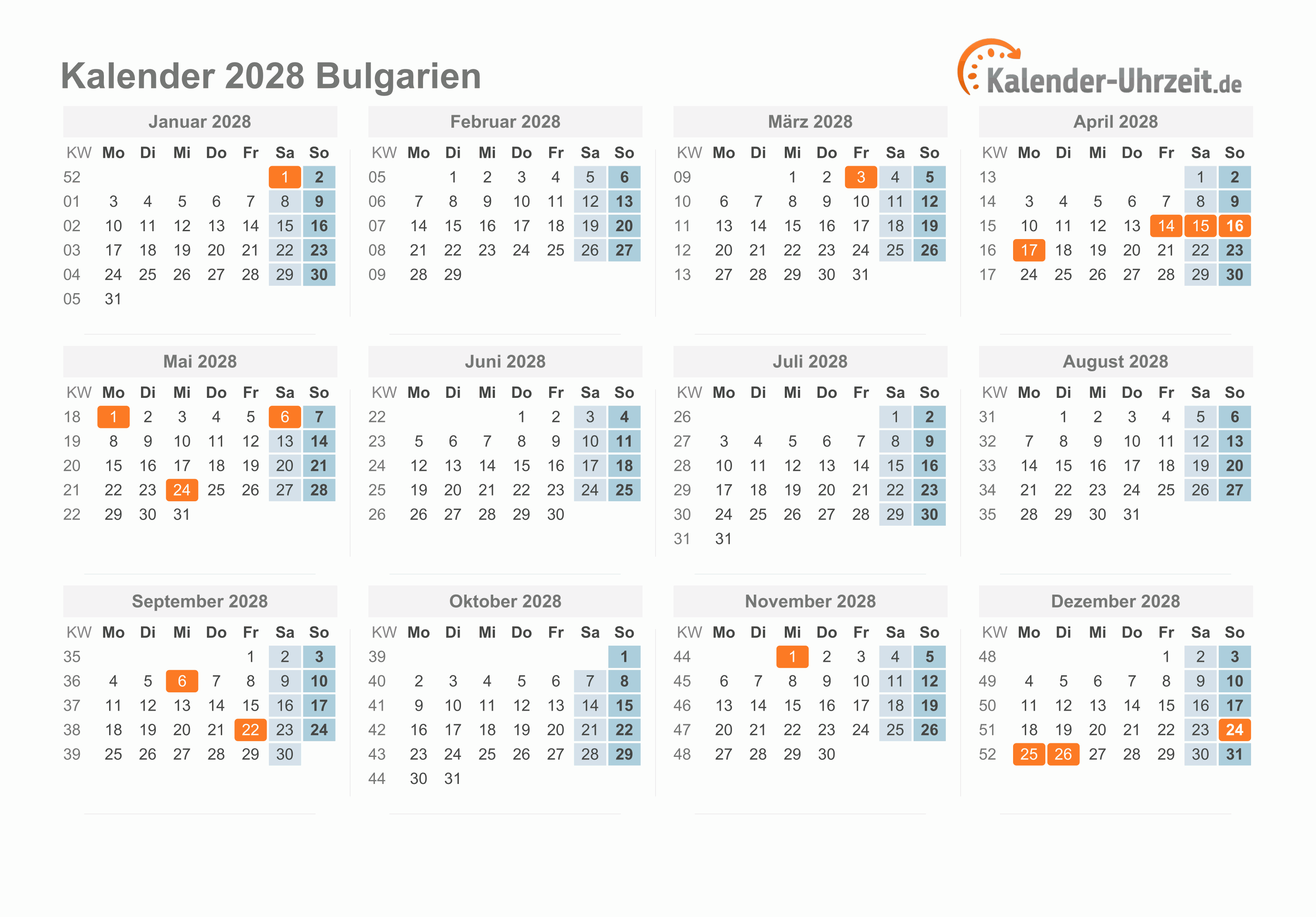 Kalender 2028 Bulgarien mit Feiertagen