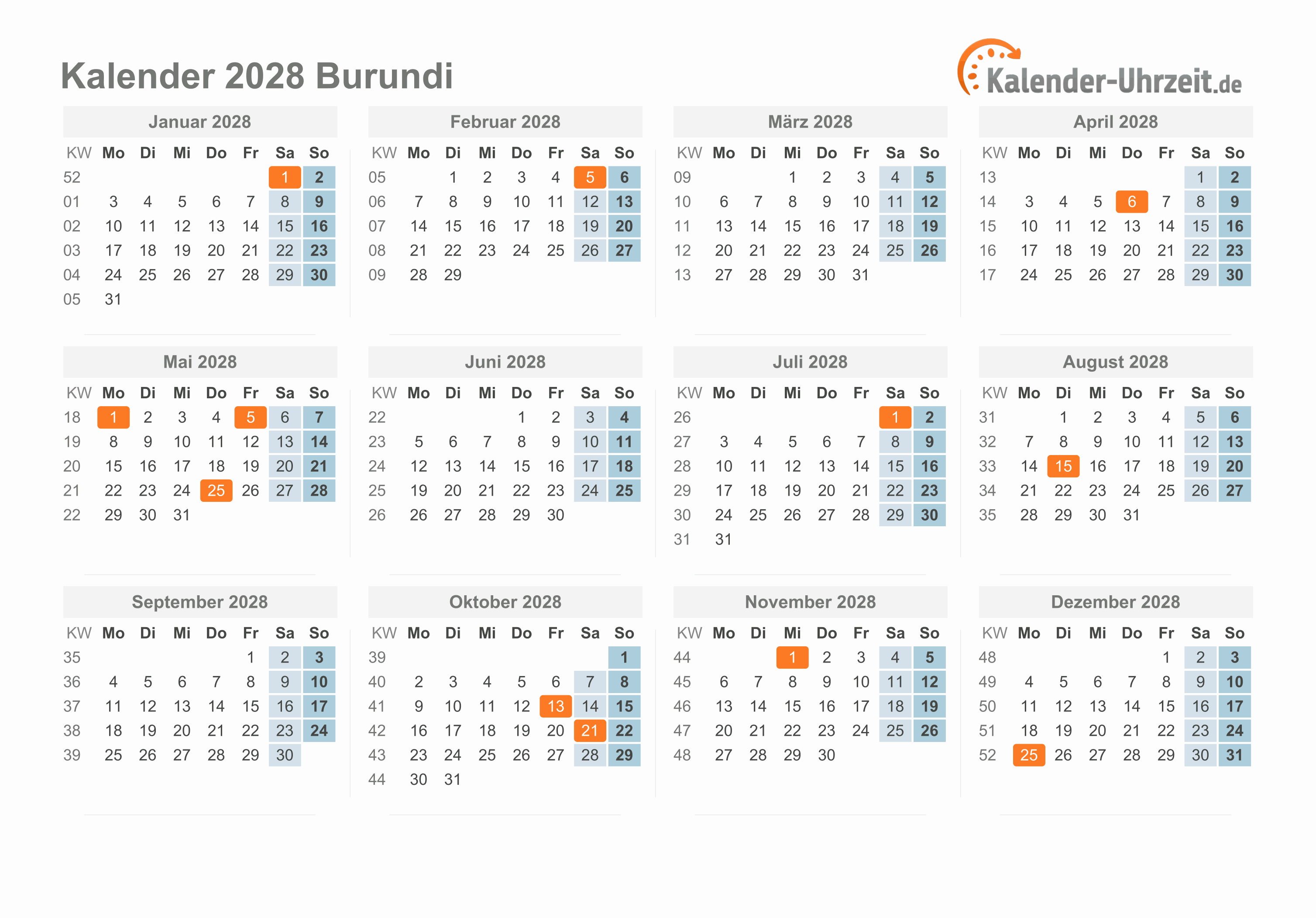 Kalender 2028 Burundi mit Feiertagen