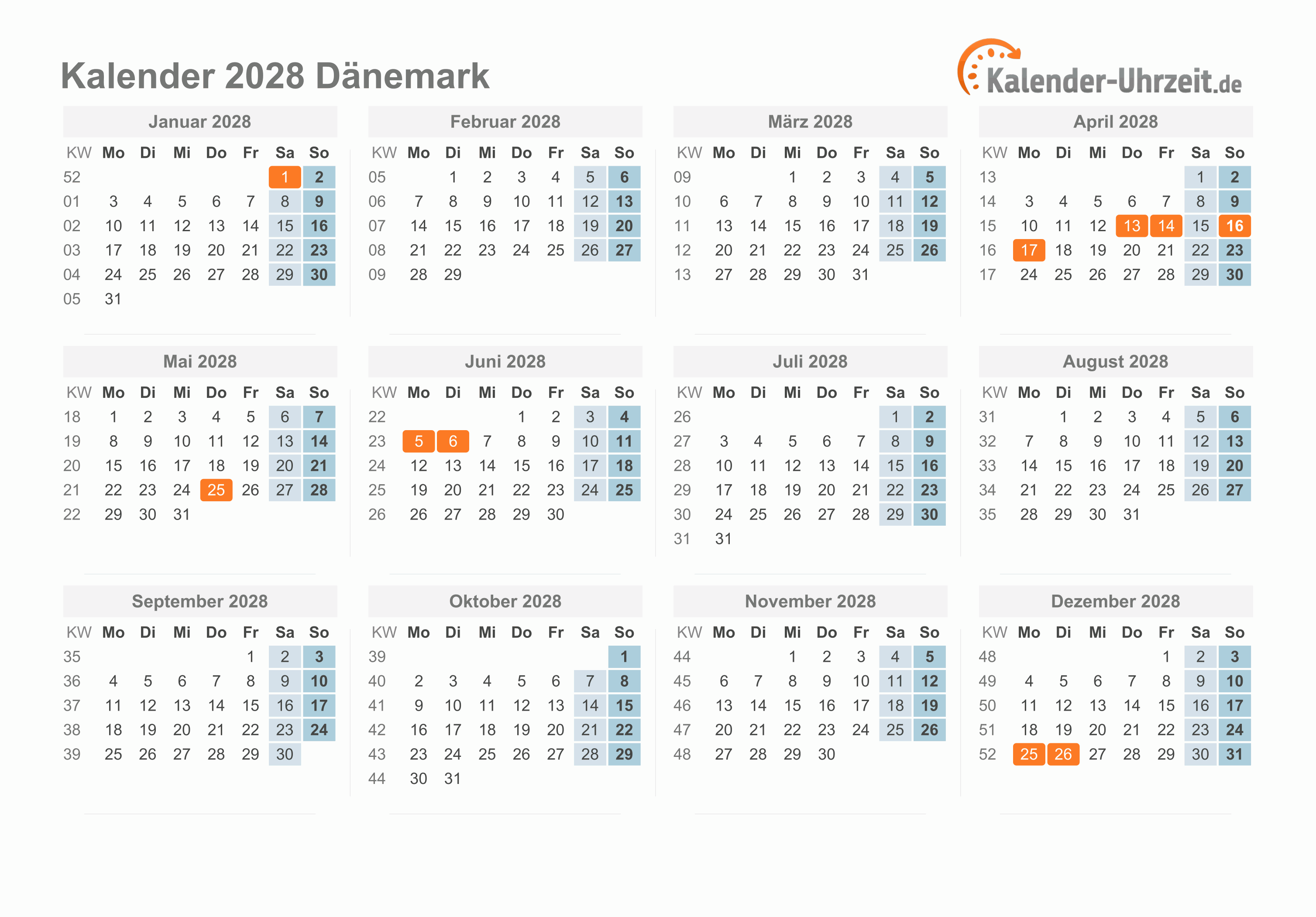 Kalender 2028 Dänemark mit Feiertagen