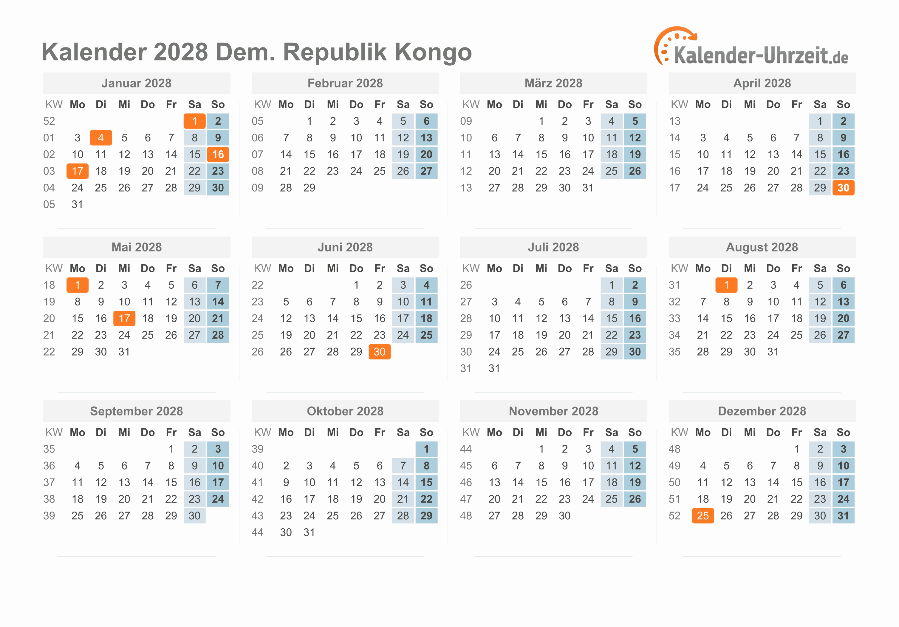 Kalender 2028 Dem. Republik Kongo mit Feiertagen