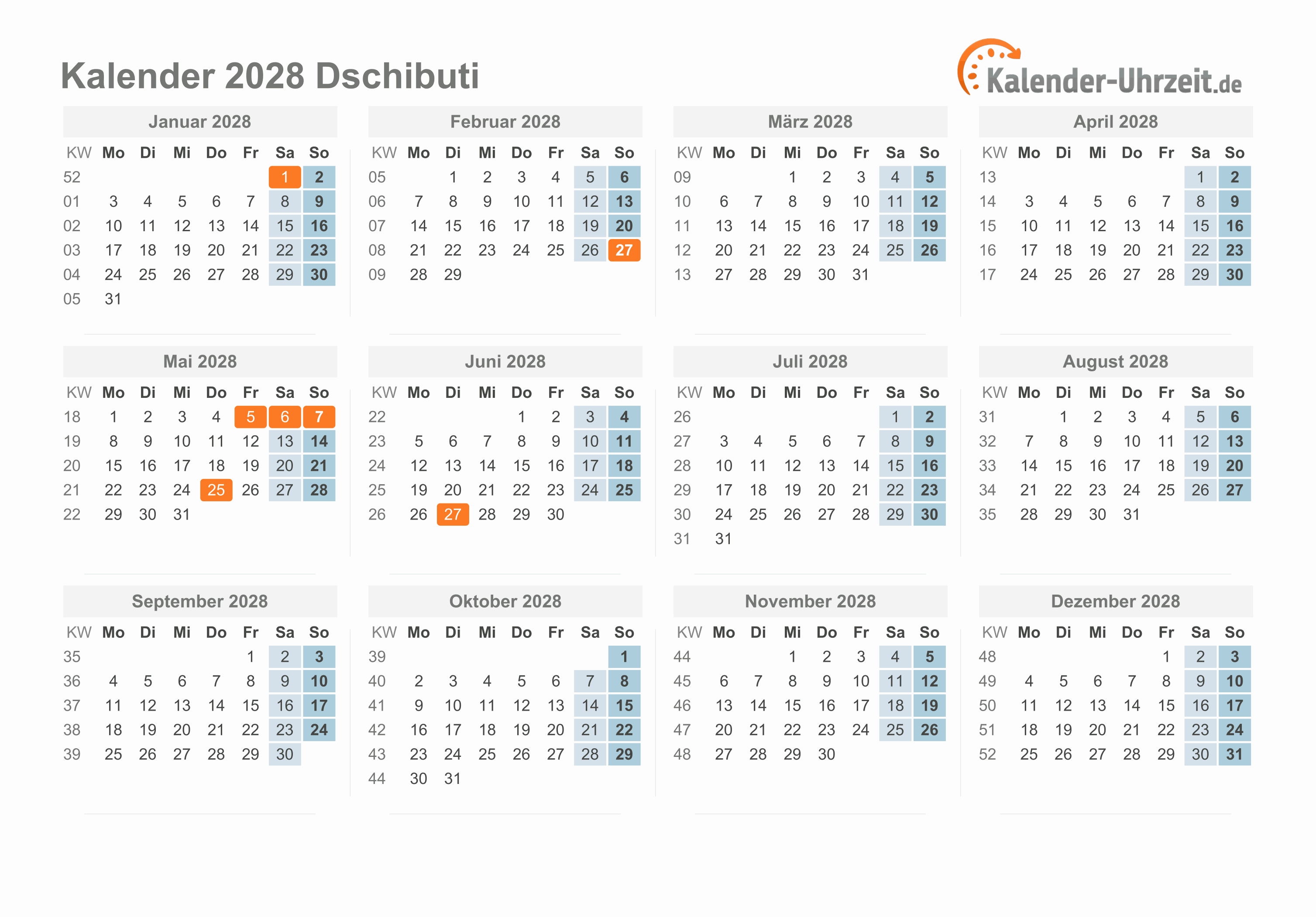 Kalender 2028 Dschibuti mit Feiertagen