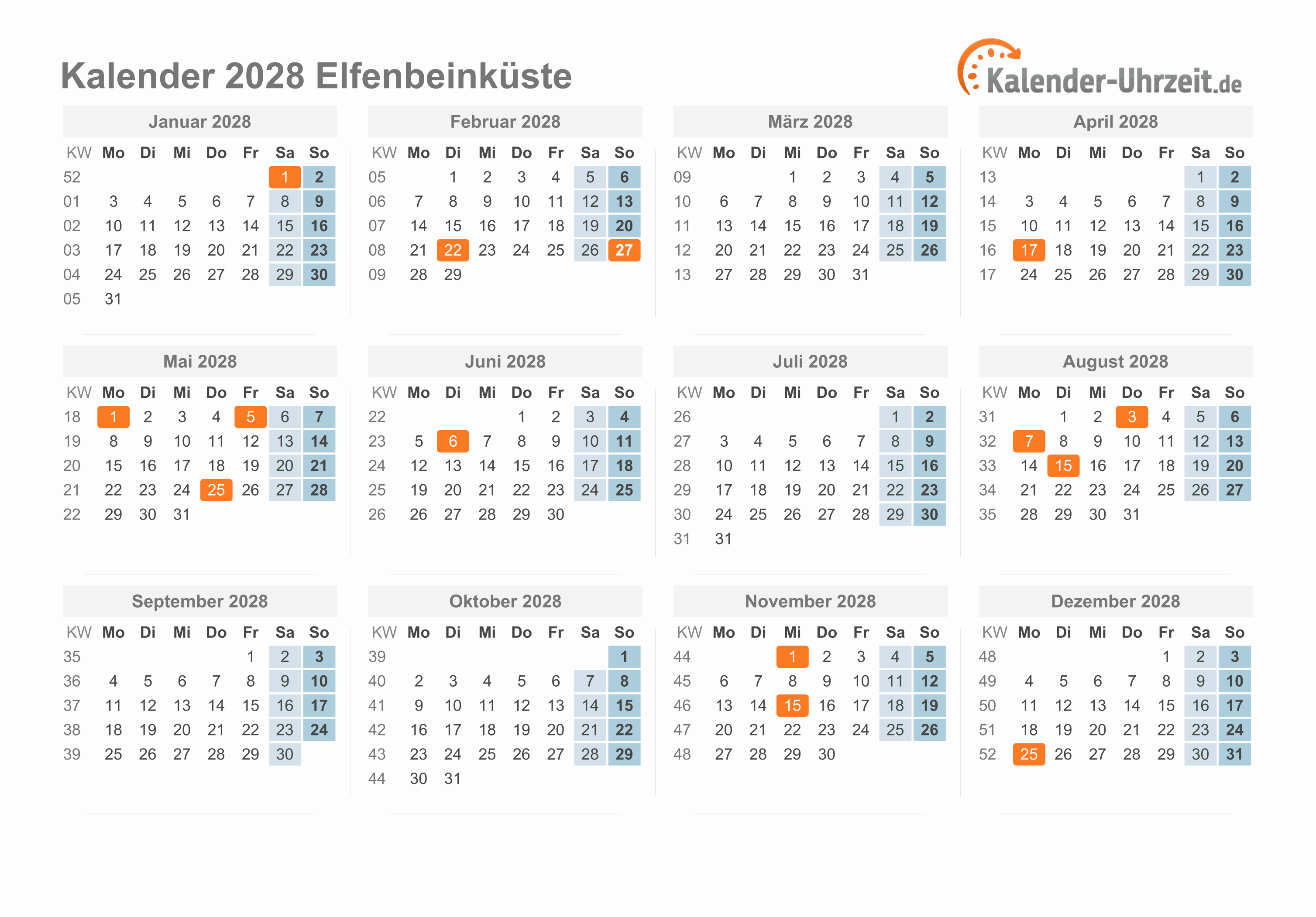 Kalender 2028 Elfenbeinküste mit Feiertagen