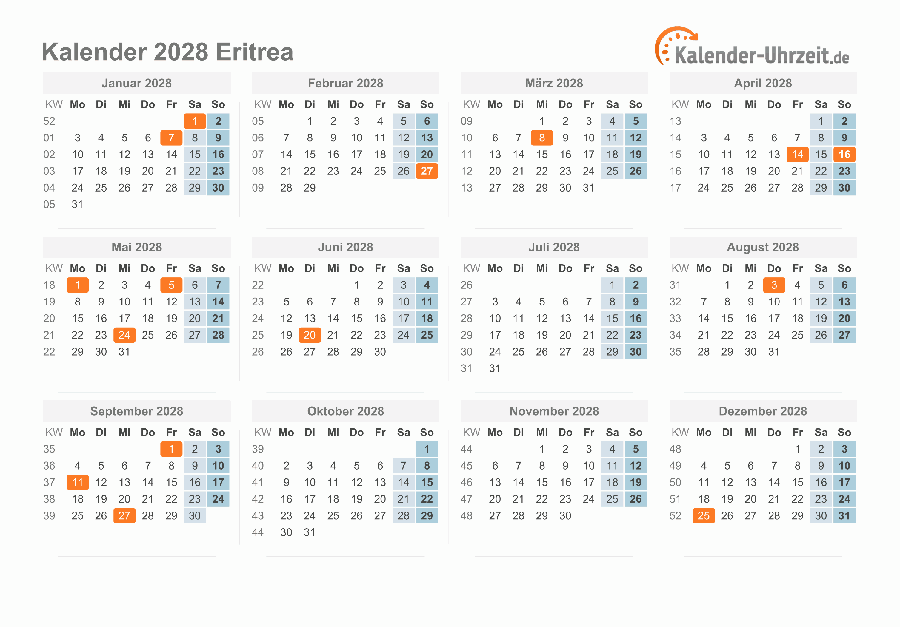 Kalender 2028 Eritrea mit Feiertagen