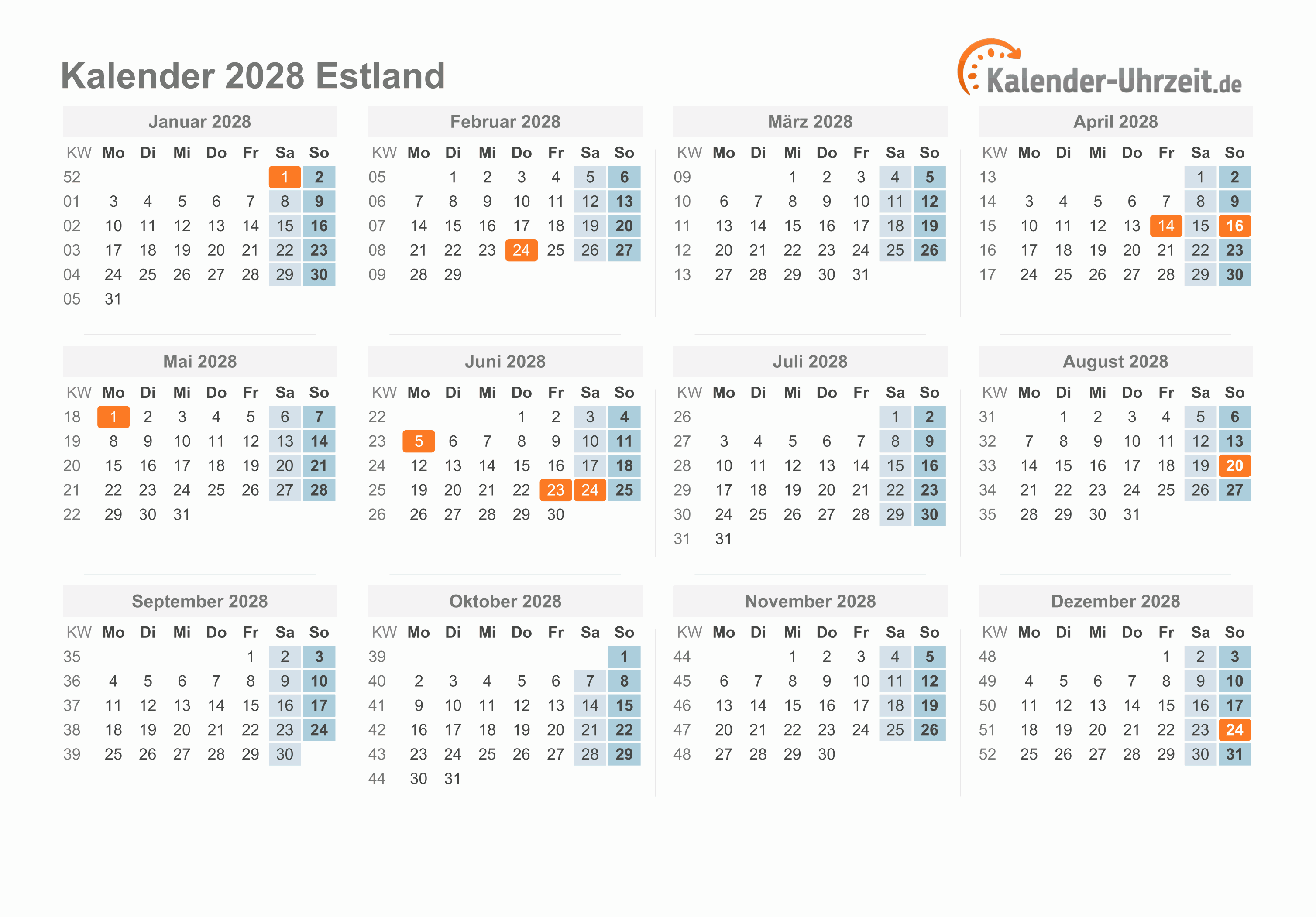 Kalender 2028 Estland mit Feiertagen