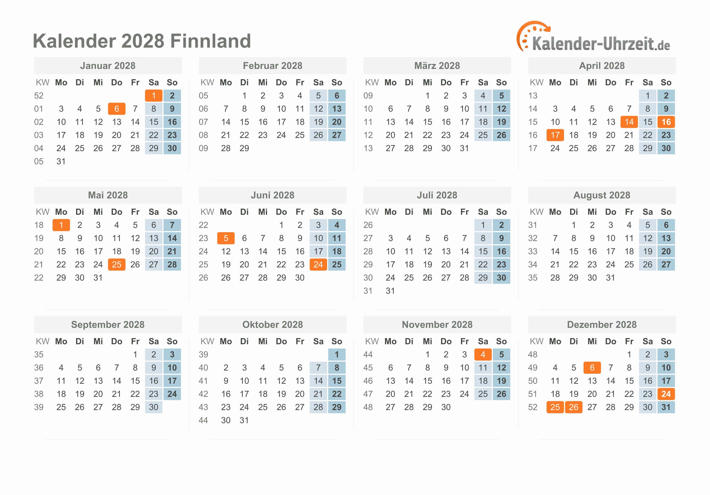 Kalender 2028 Finnland mit Feiertagen