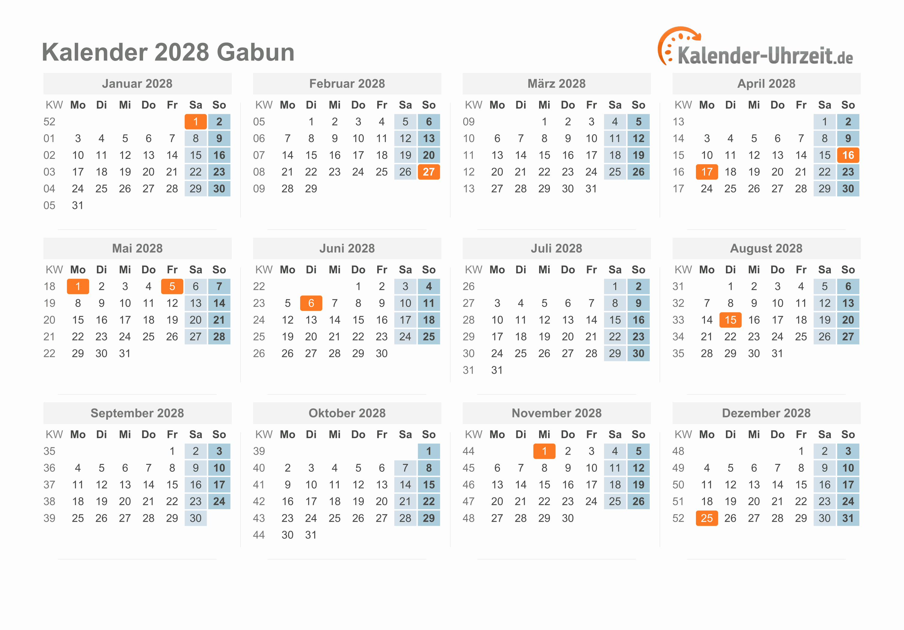 Kalender 2028 Gabun mit Feiertagen