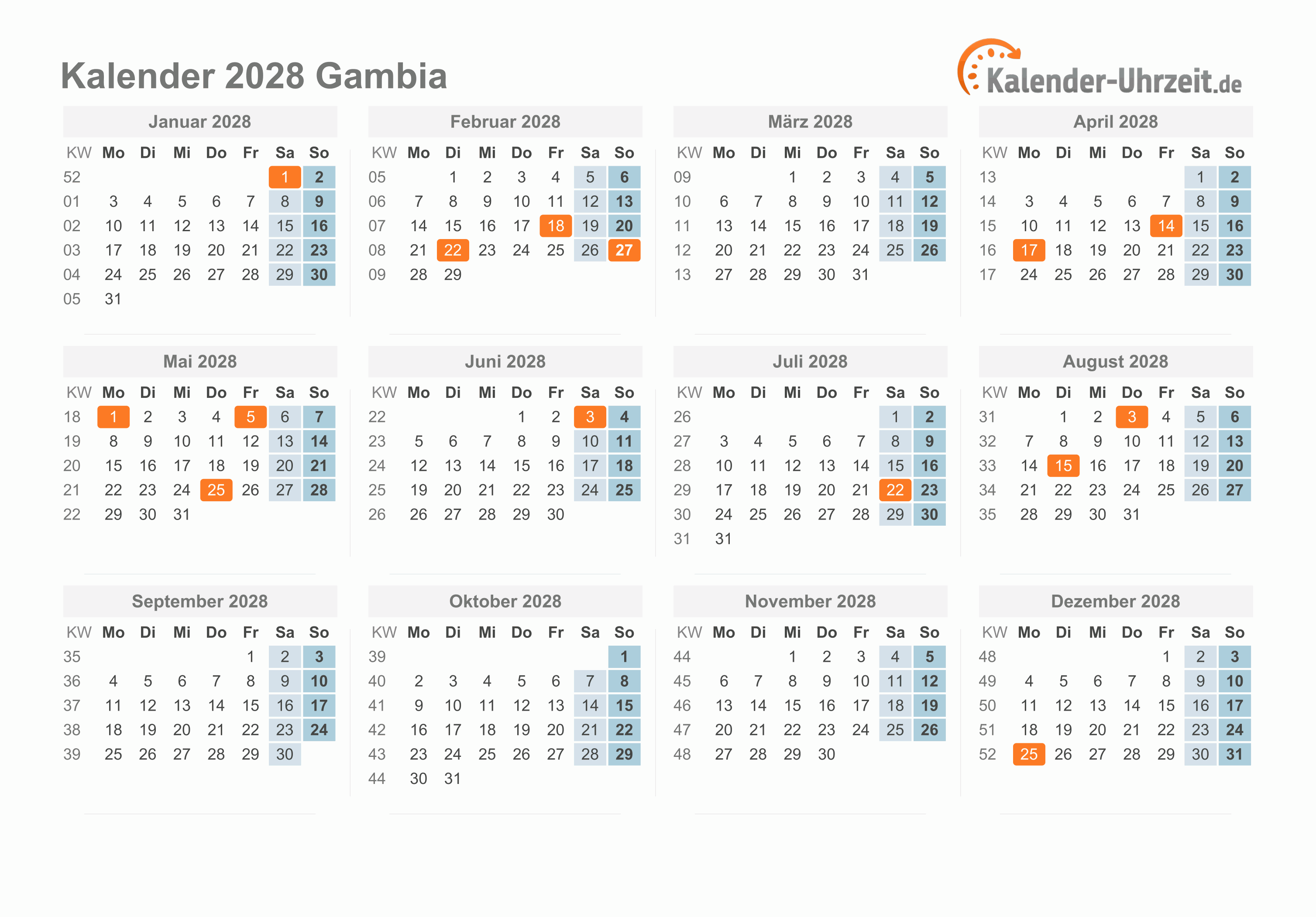 Kalender 2028 Gambia mit Feiertagen