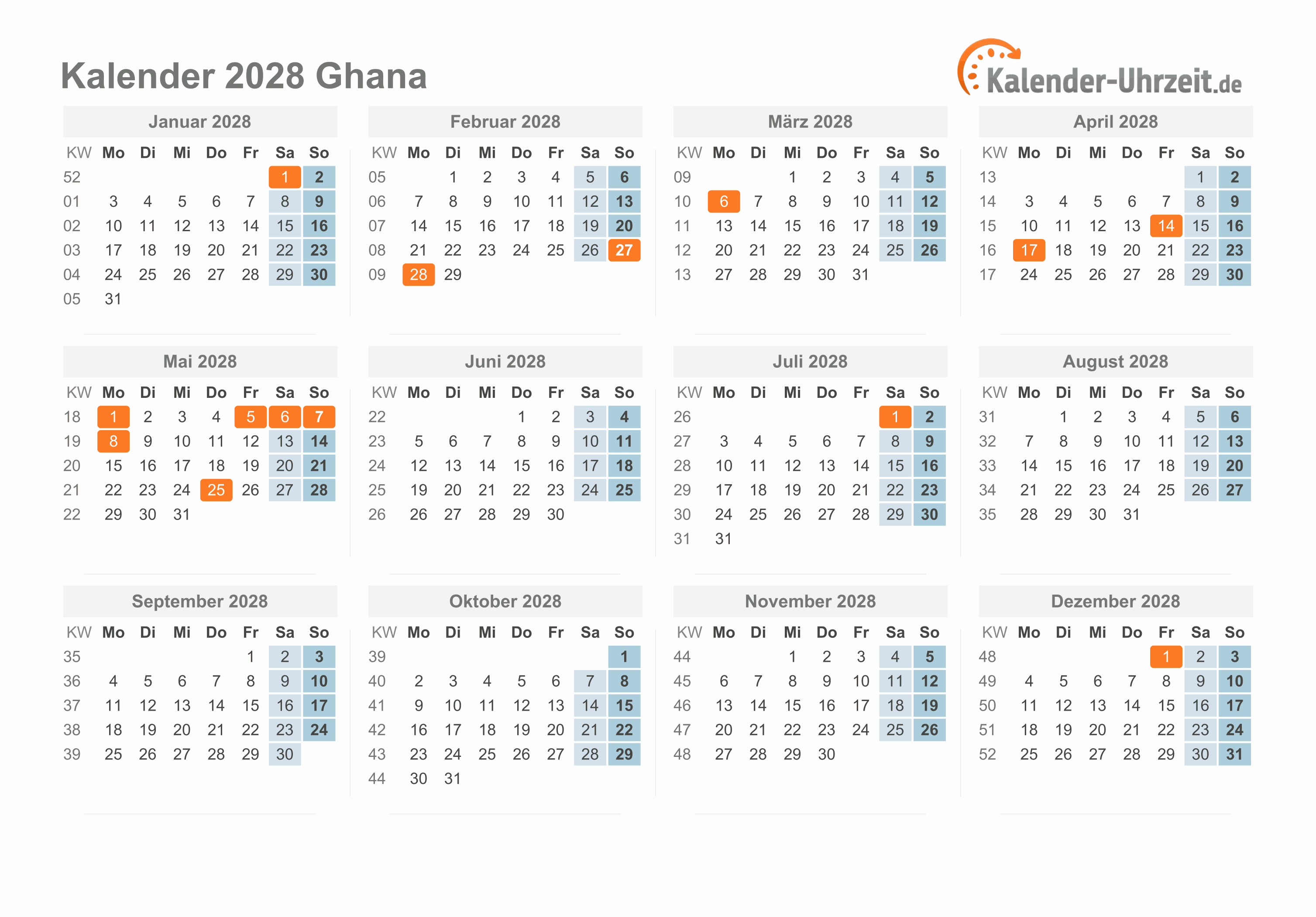 Kalender 2028 Ghana mit Feiertagen