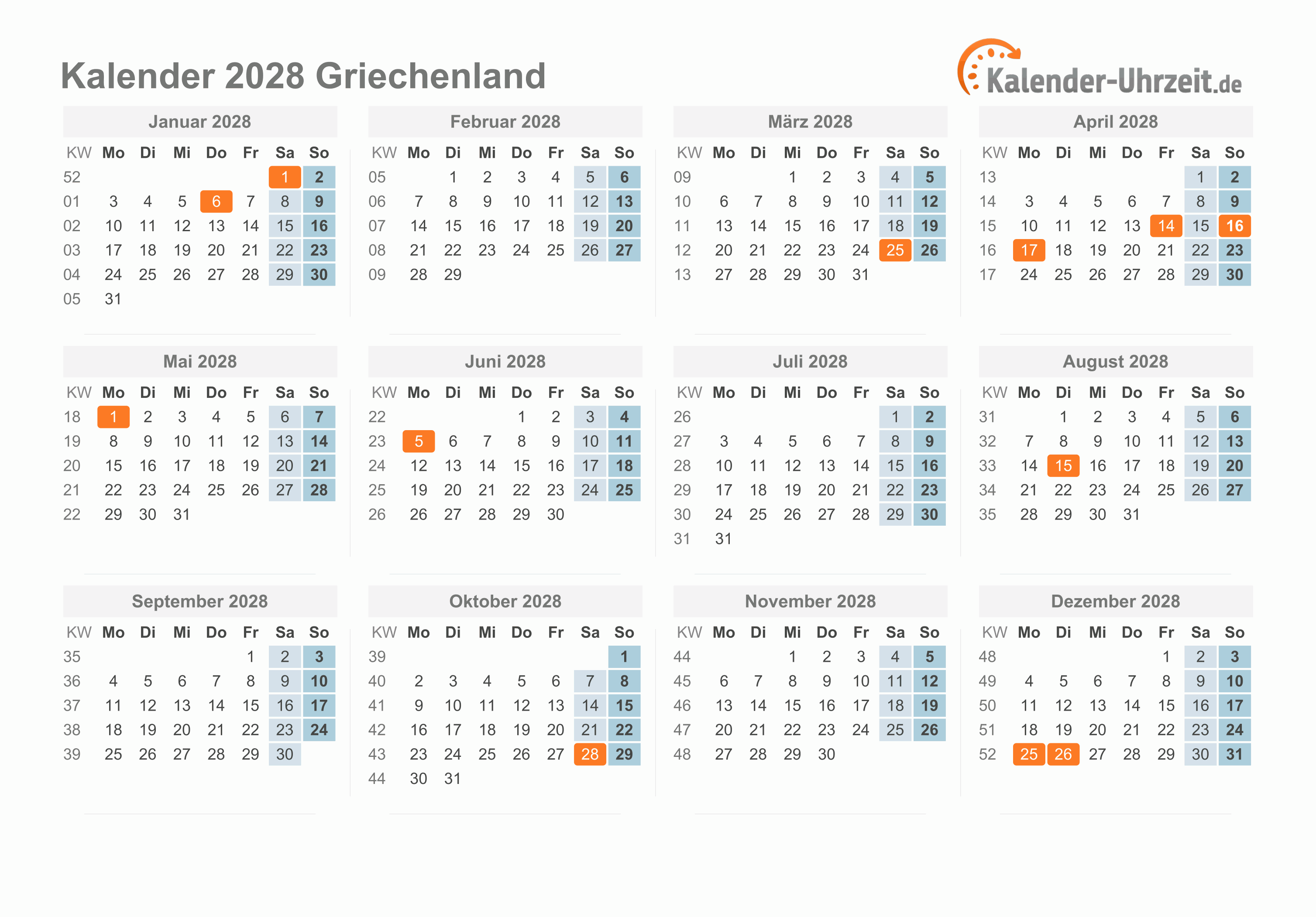 Kalender 2028 Griechenland mit Feiertagen