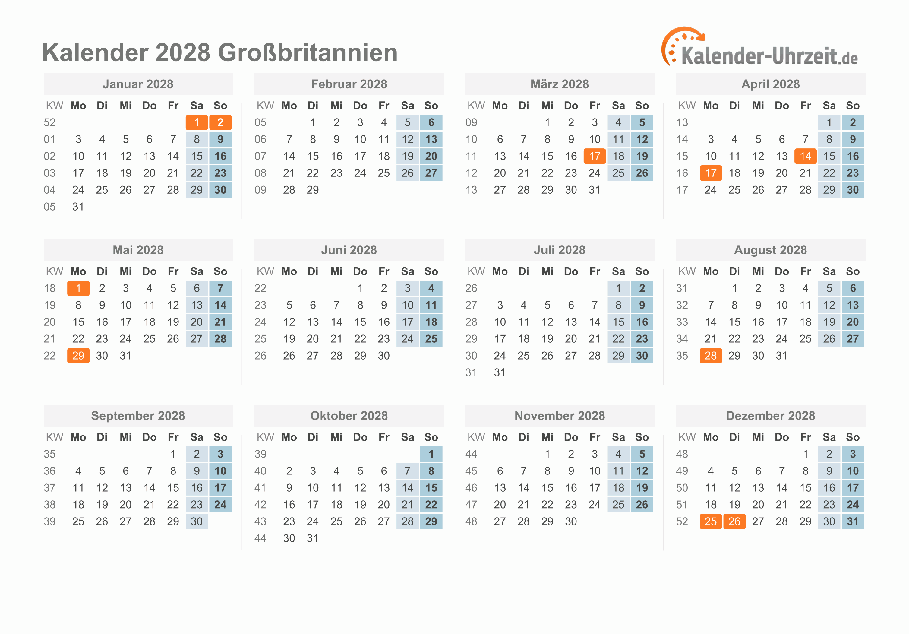 Kalender 2028 Großbritannien mit Feiertagen