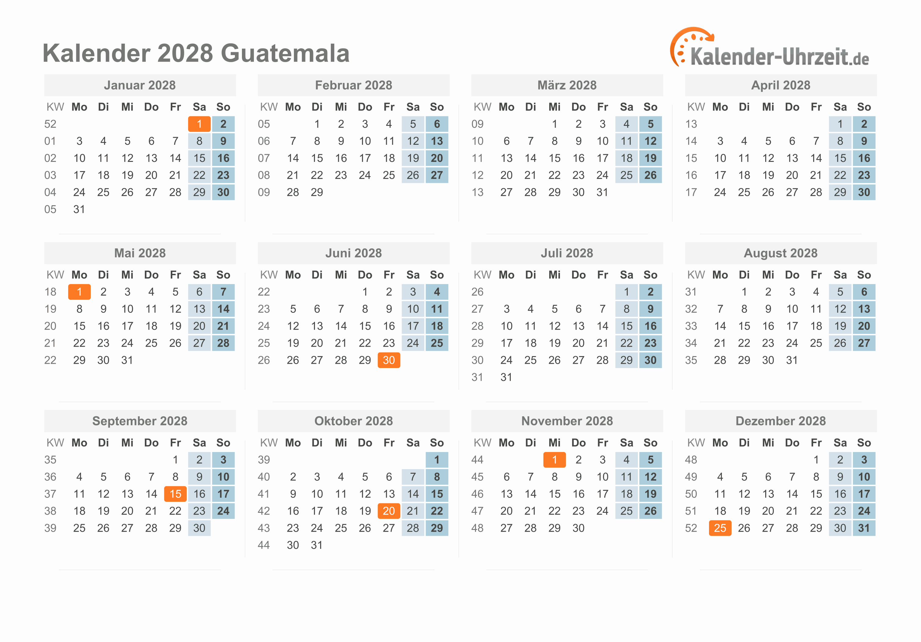 Kalender 2028 Guatemala mit Feiertagen