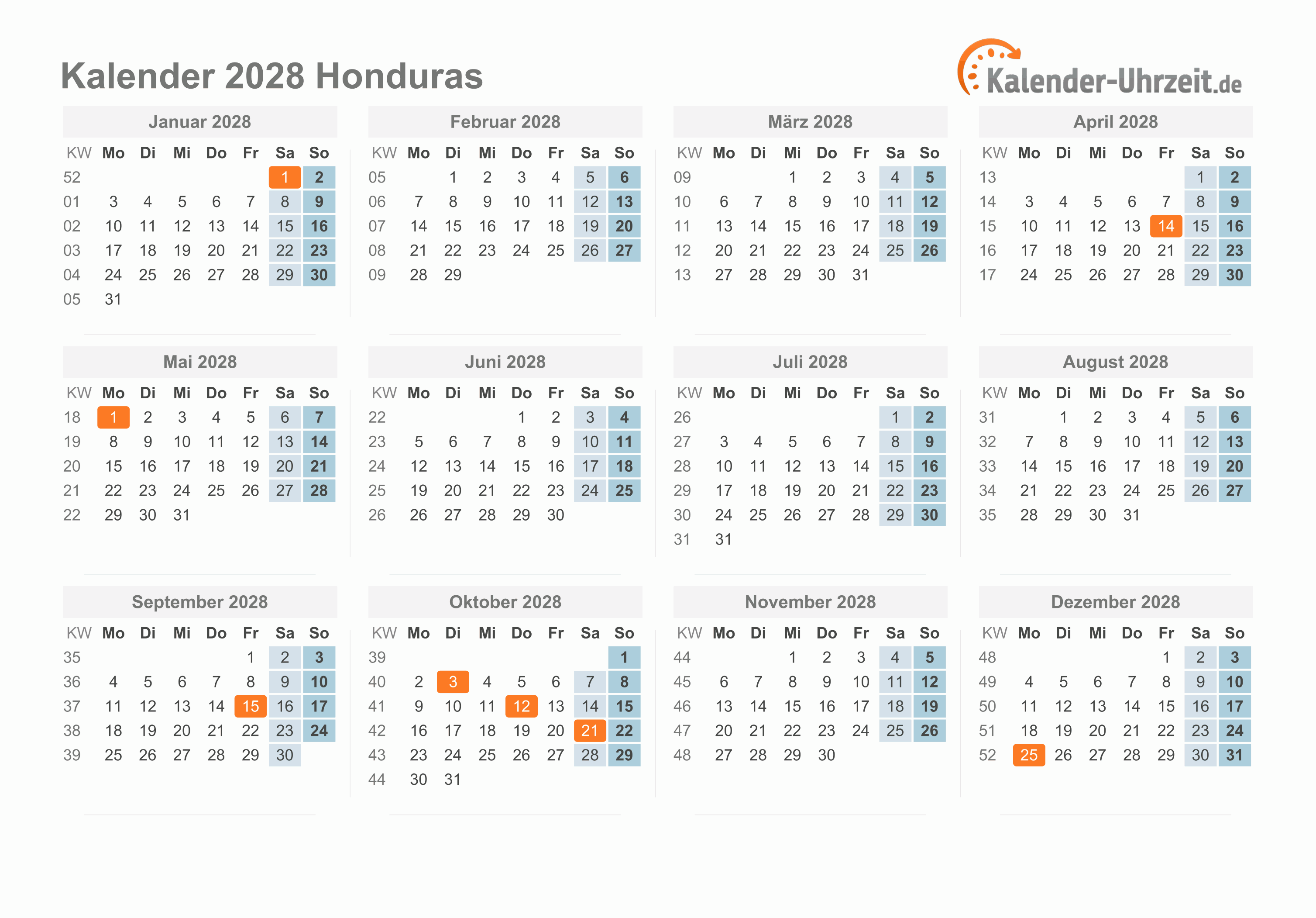 Kalender 2028 Honduras mit Feiertagen