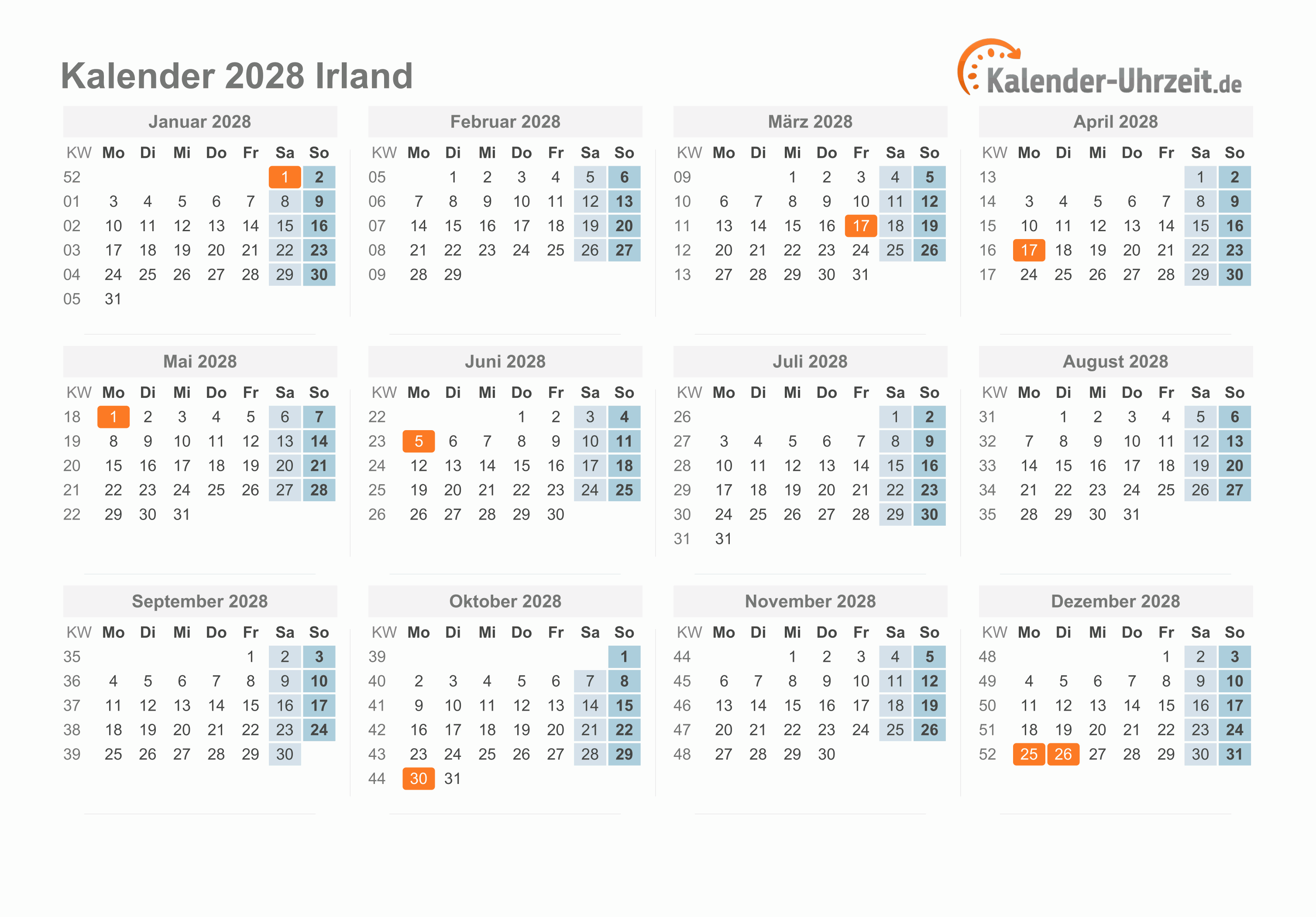 Kalender 2028 Irland mit Feiertagen