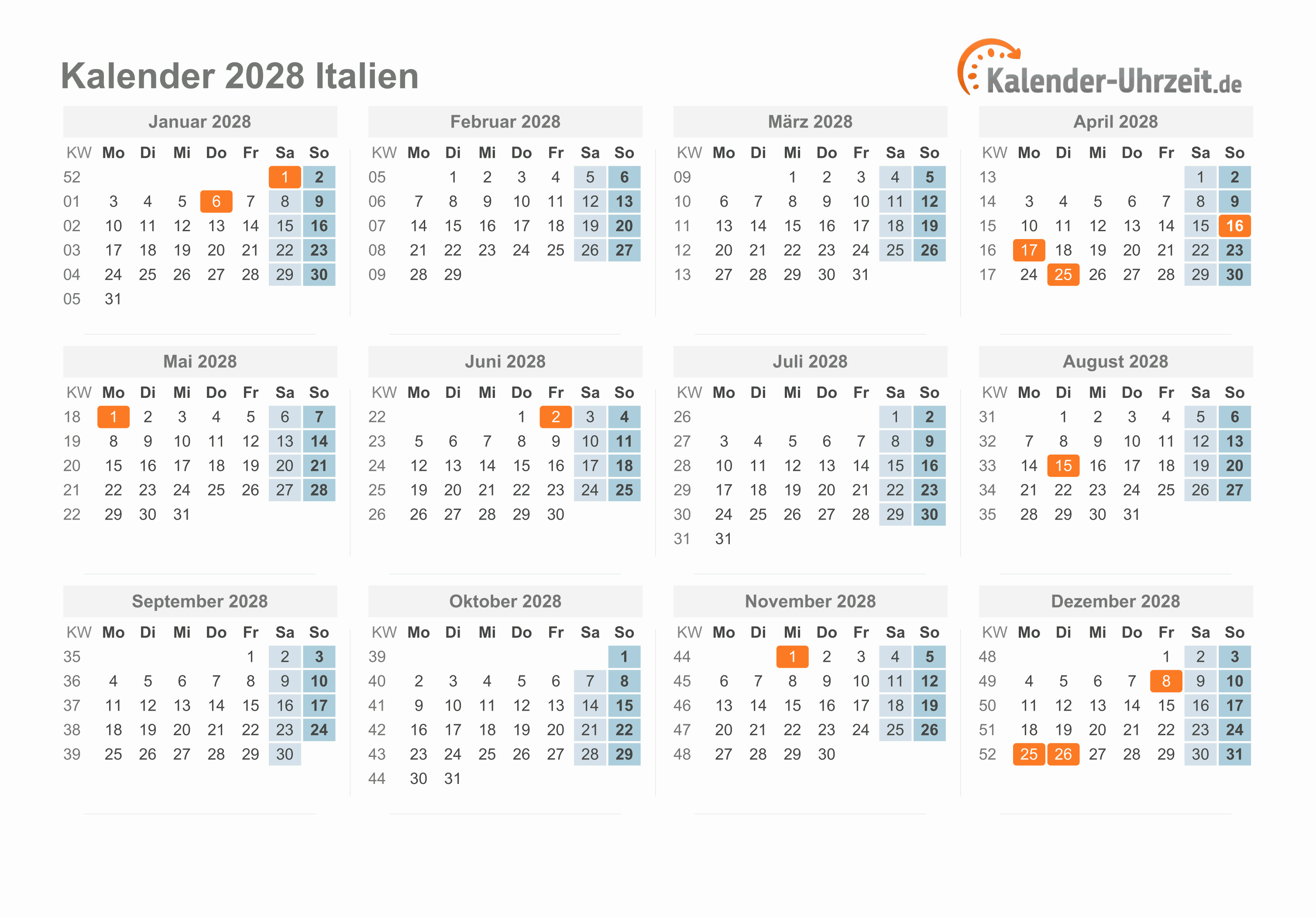 Kalender 2028 Italien mit Feiertagen