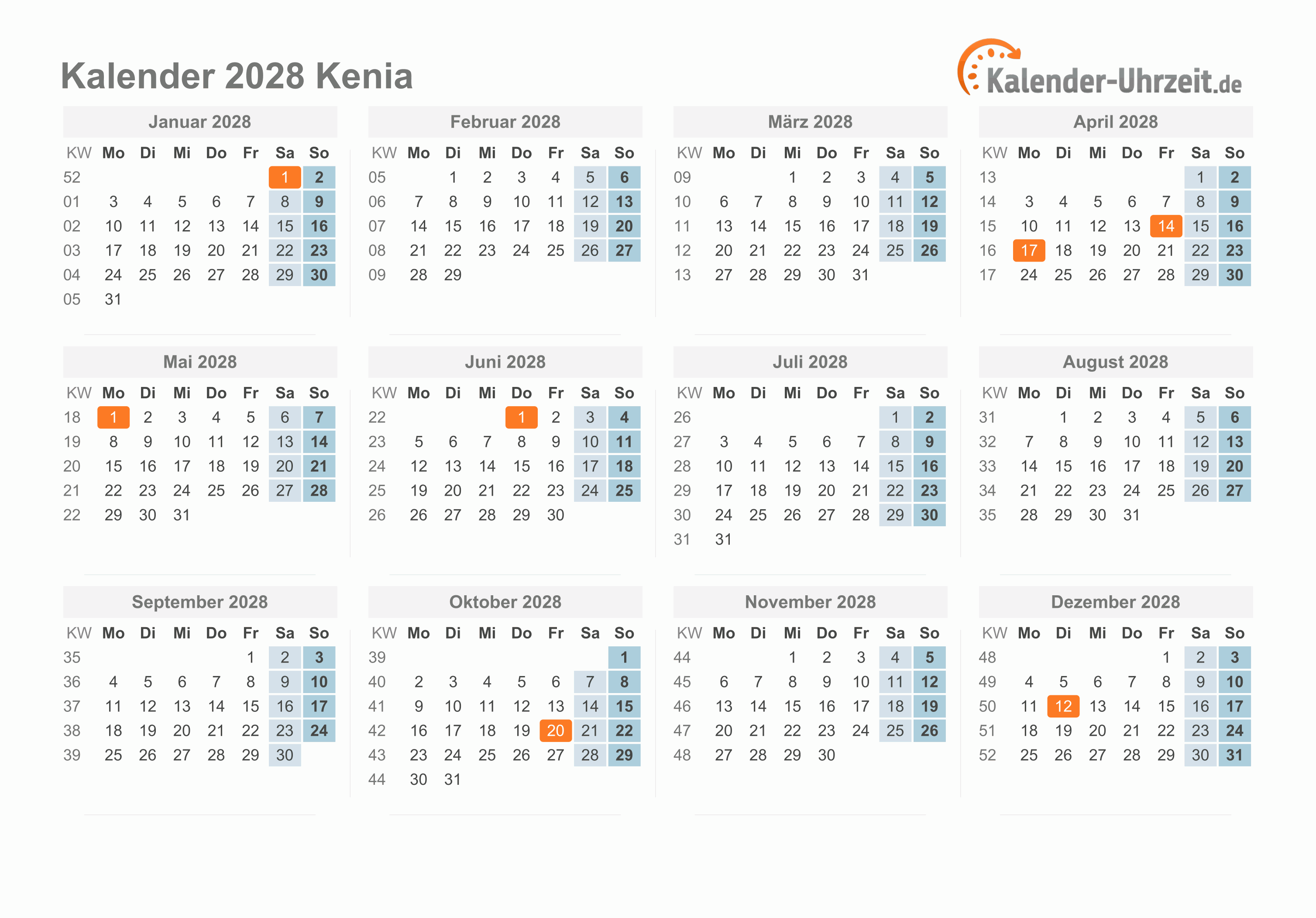 Kalender 2028 Kenia mit Feiertagen