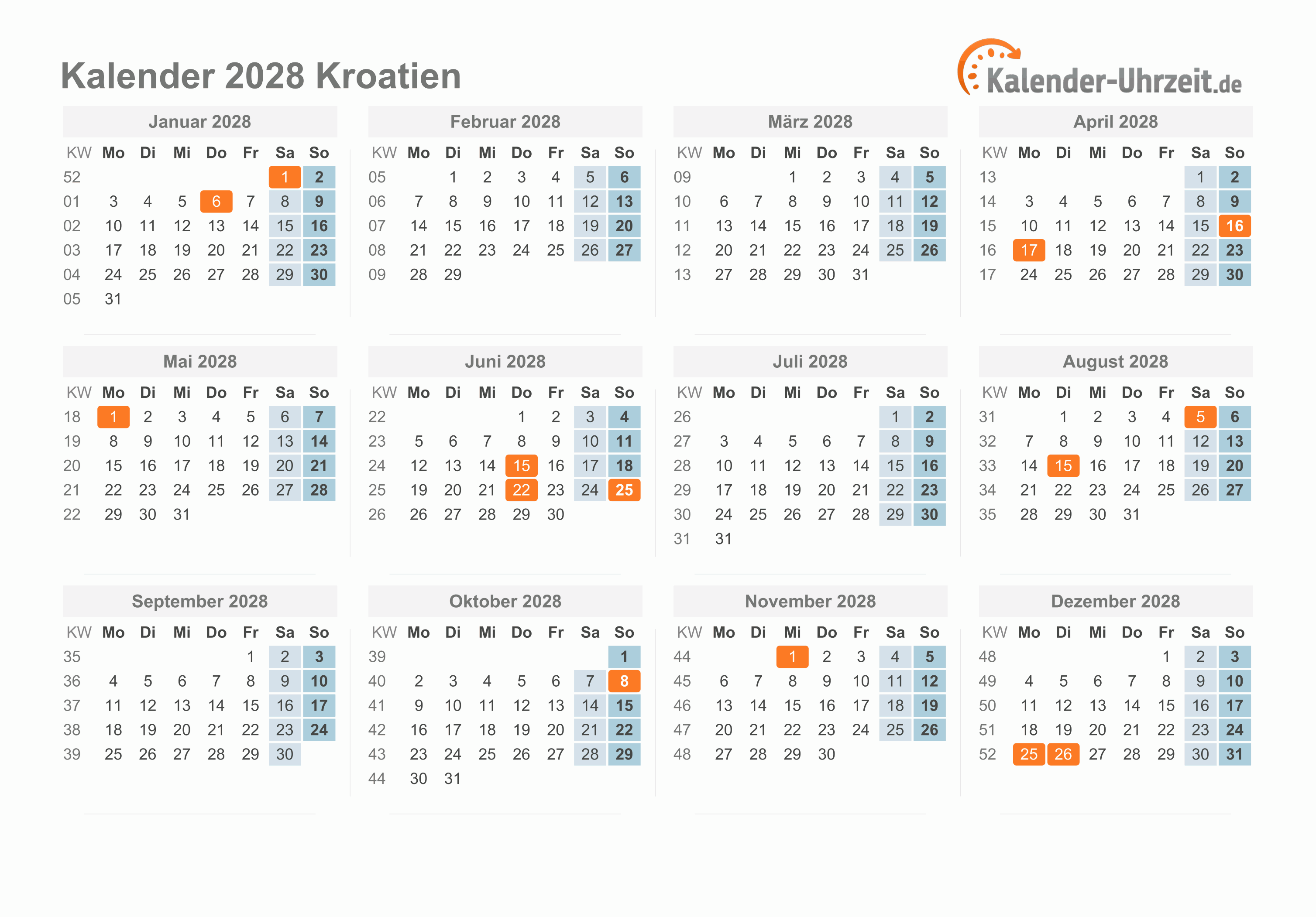 Kalender 2028 Kroatien mit Feiertagen