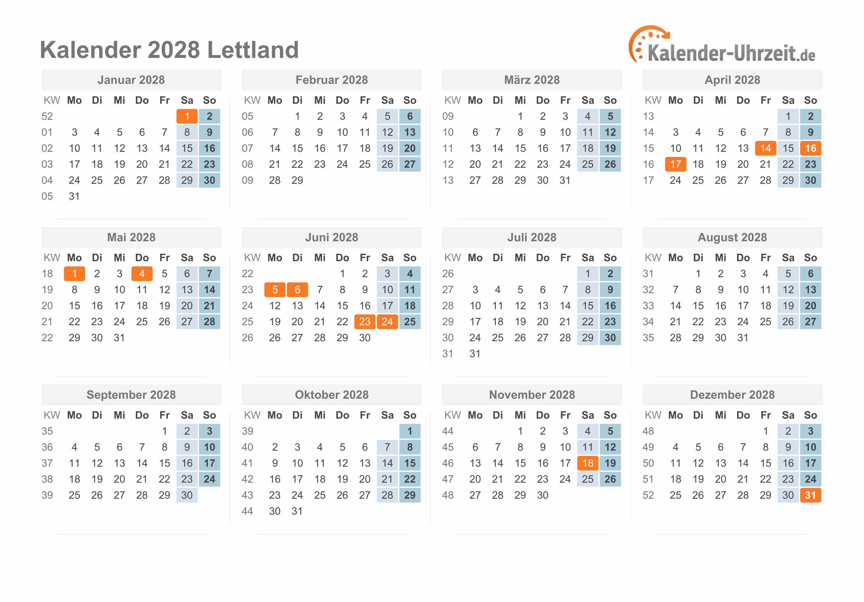 Kalender 2028 Lettland mit Feiertagen
