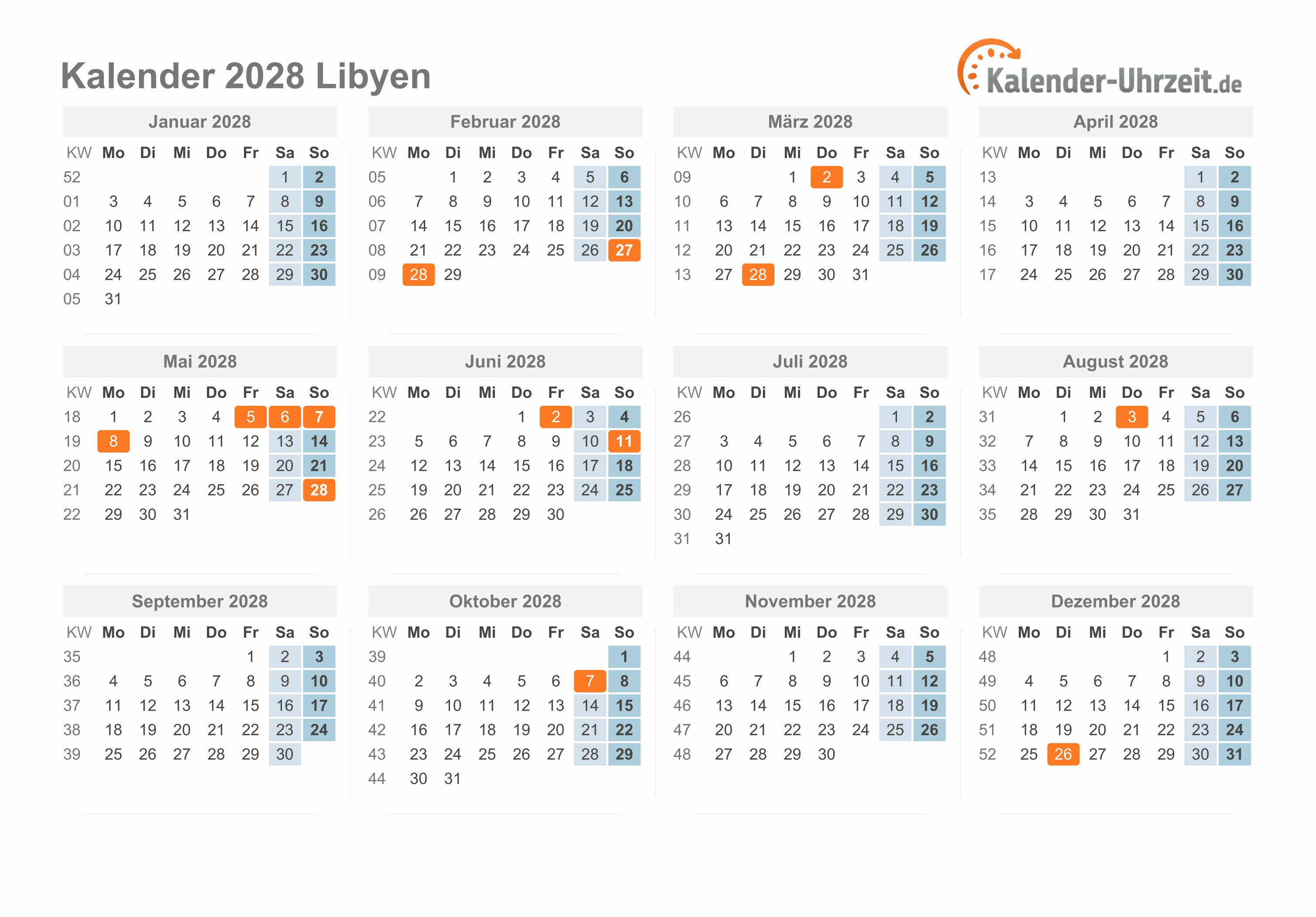 Kalender 2028 Libyen mit Feiertagen