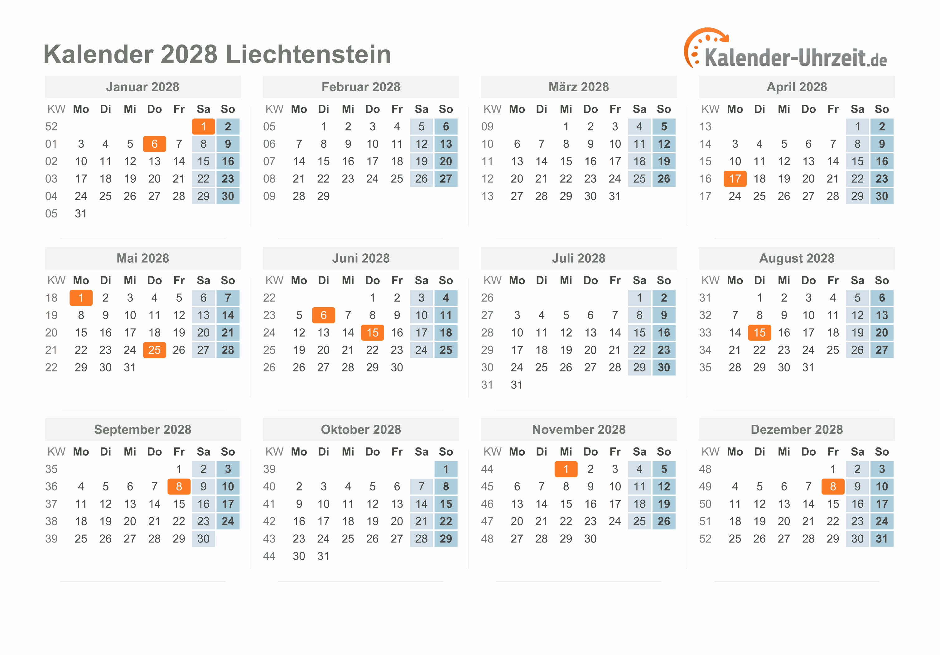 Kalender 2028 Liechtenstein mit Feiertagen