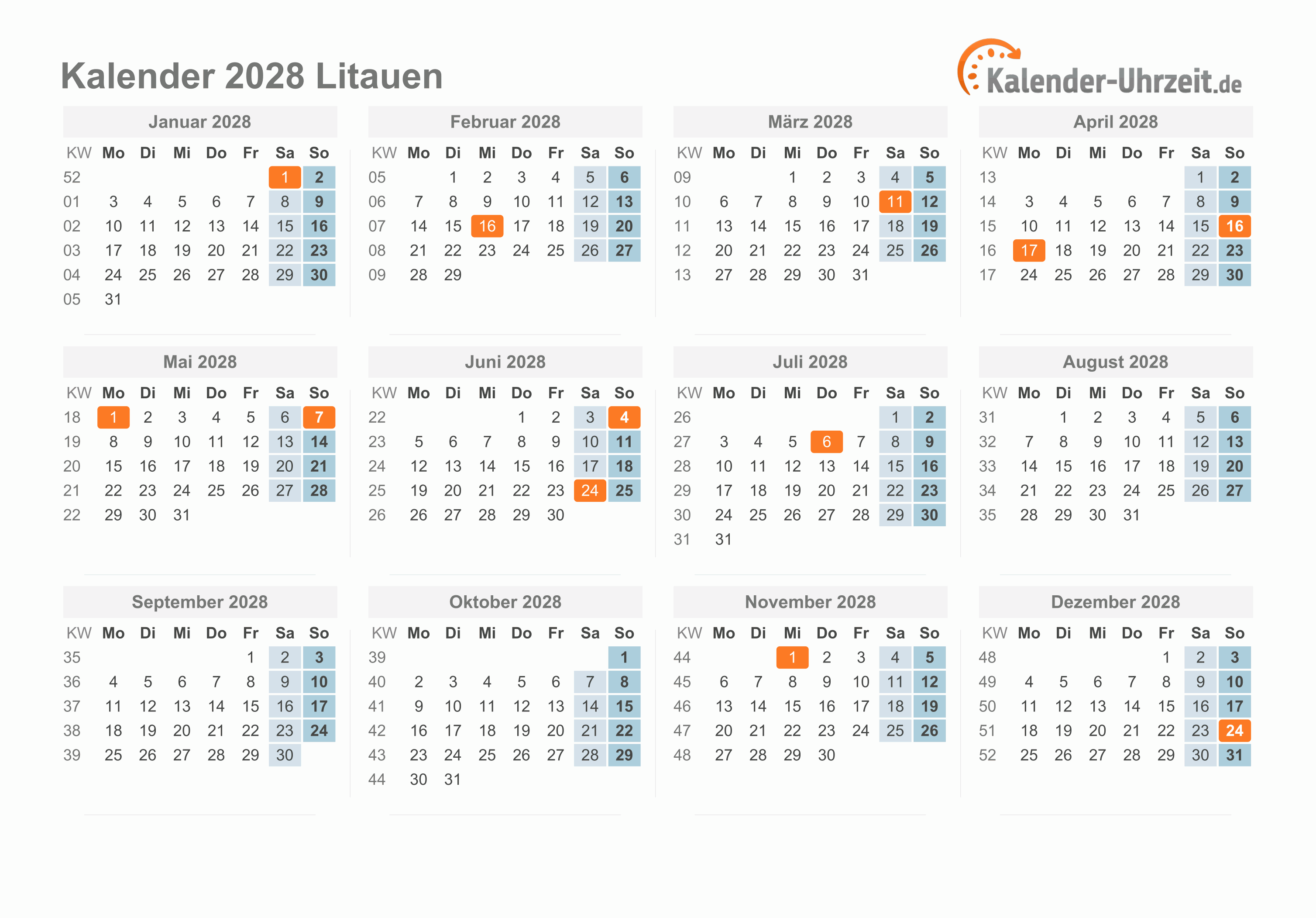 Kalender 2028 Litauen mit Feiertagen