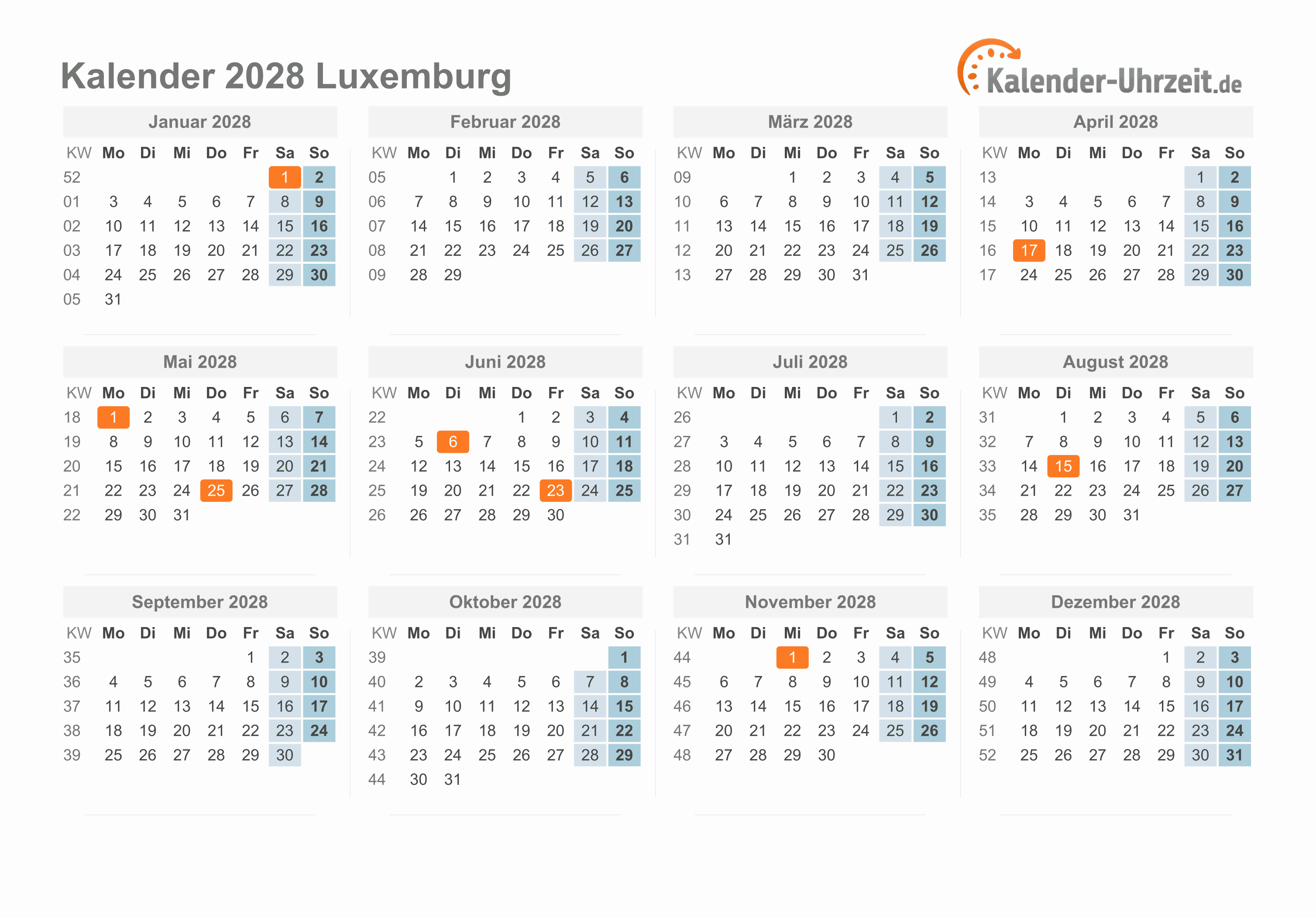 Kalender 2028 Luxemburg mit Feiertagen